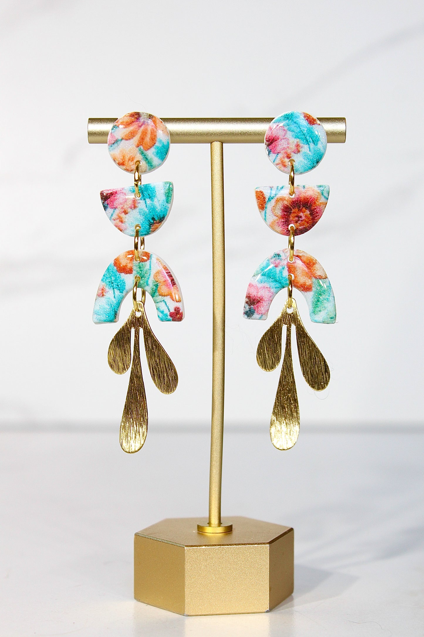 Secret Garden Triple Tier Botanical Dangles | Gold Leaf & Floral Resin