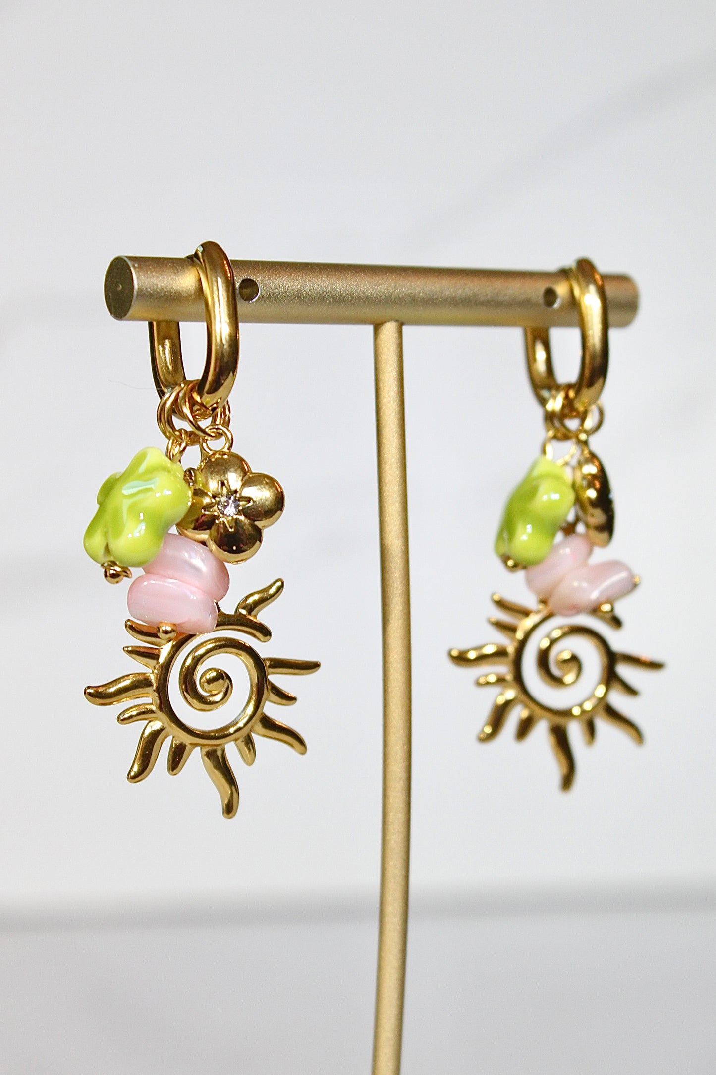 Golden Solstice Charm Hoops – Spiral Sun & Organic Pastel Beads