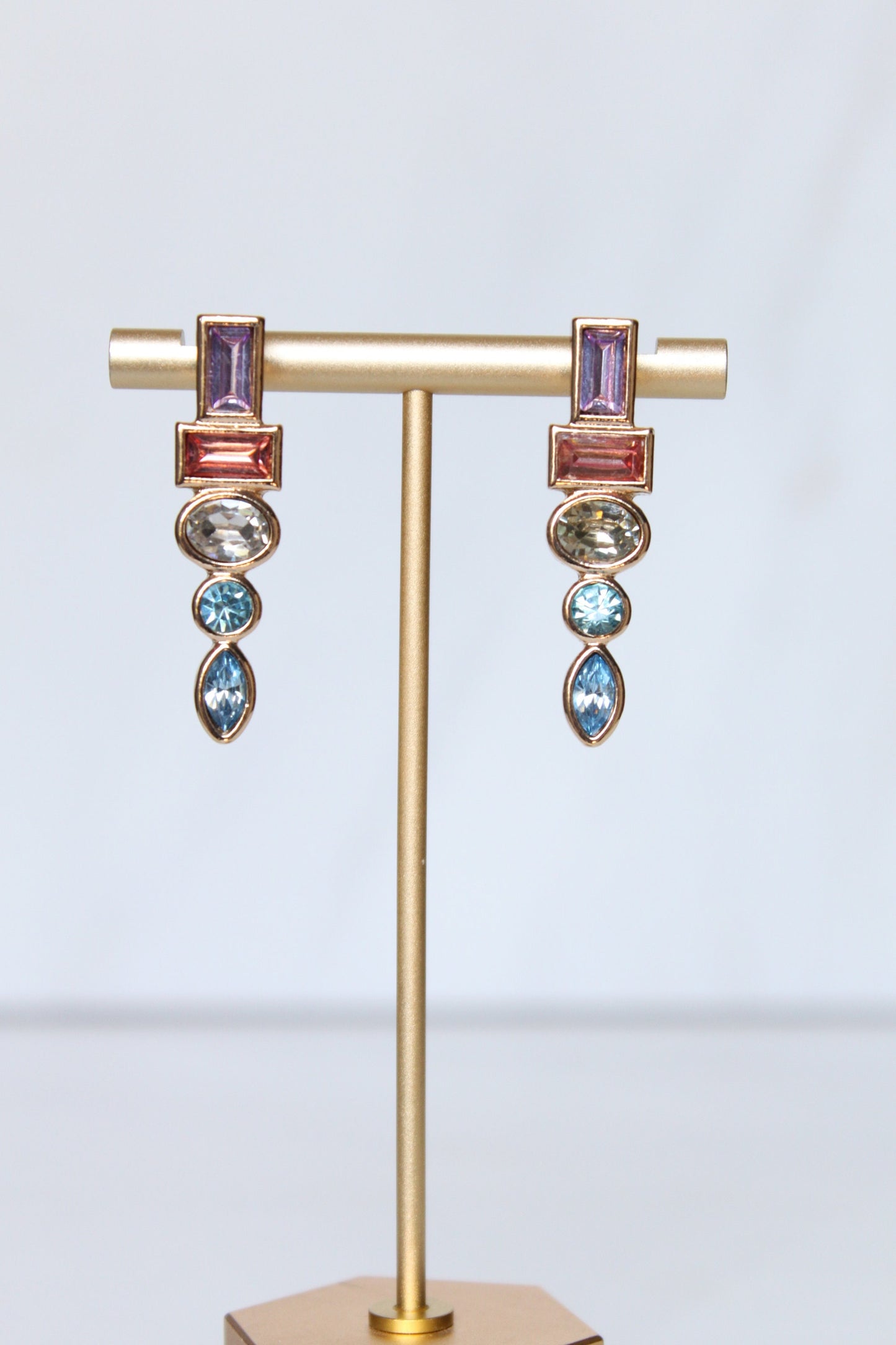 Elegant Rainbow Color Crystal Long Drop Earrings for Women Gold Plated