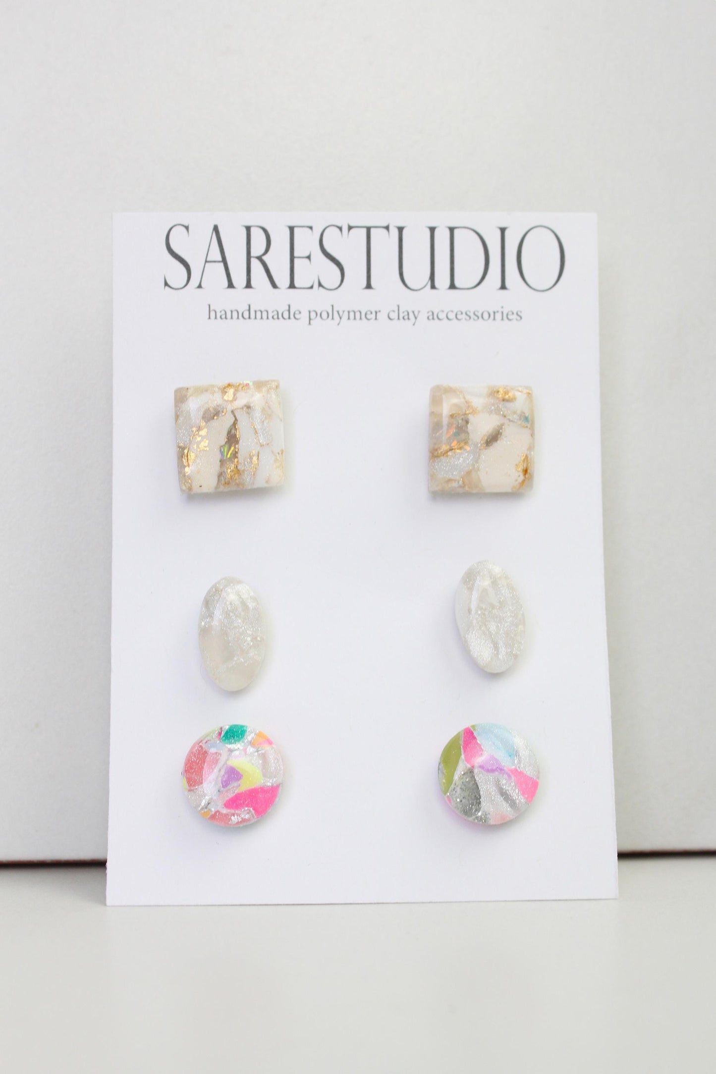 Stud Polymer Clay Earring Set of 3 - Clay Stud Pack - Gift for her - Christmas Gift - Neutral Earring Set - Marble Stud Earrings
