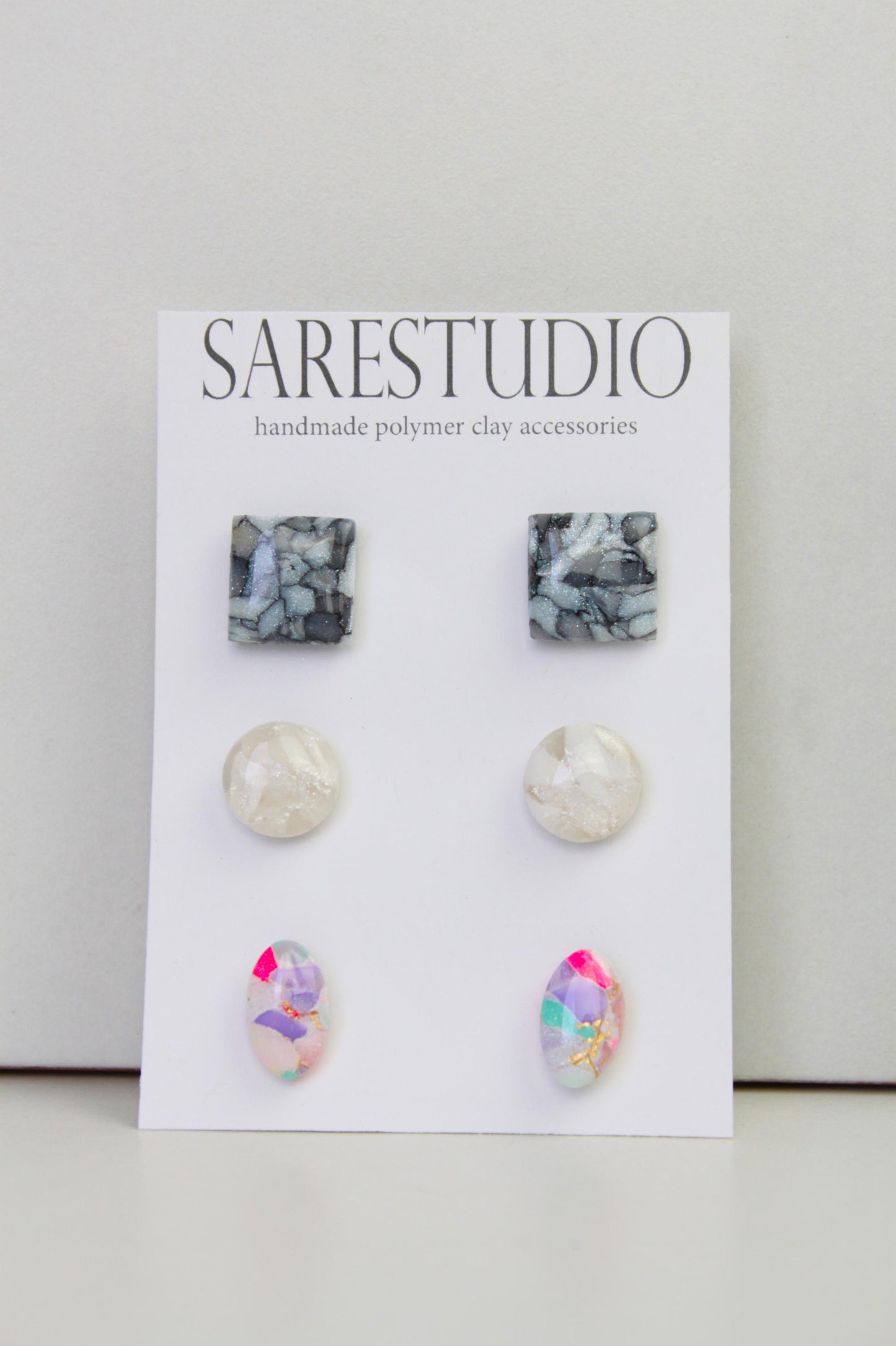 Stud Polymer Clay Earring Set of 3 - Clay Stud Pack - Gift for her - Christmas Gift - Neutral Earring Set - Marble Stud Earrings