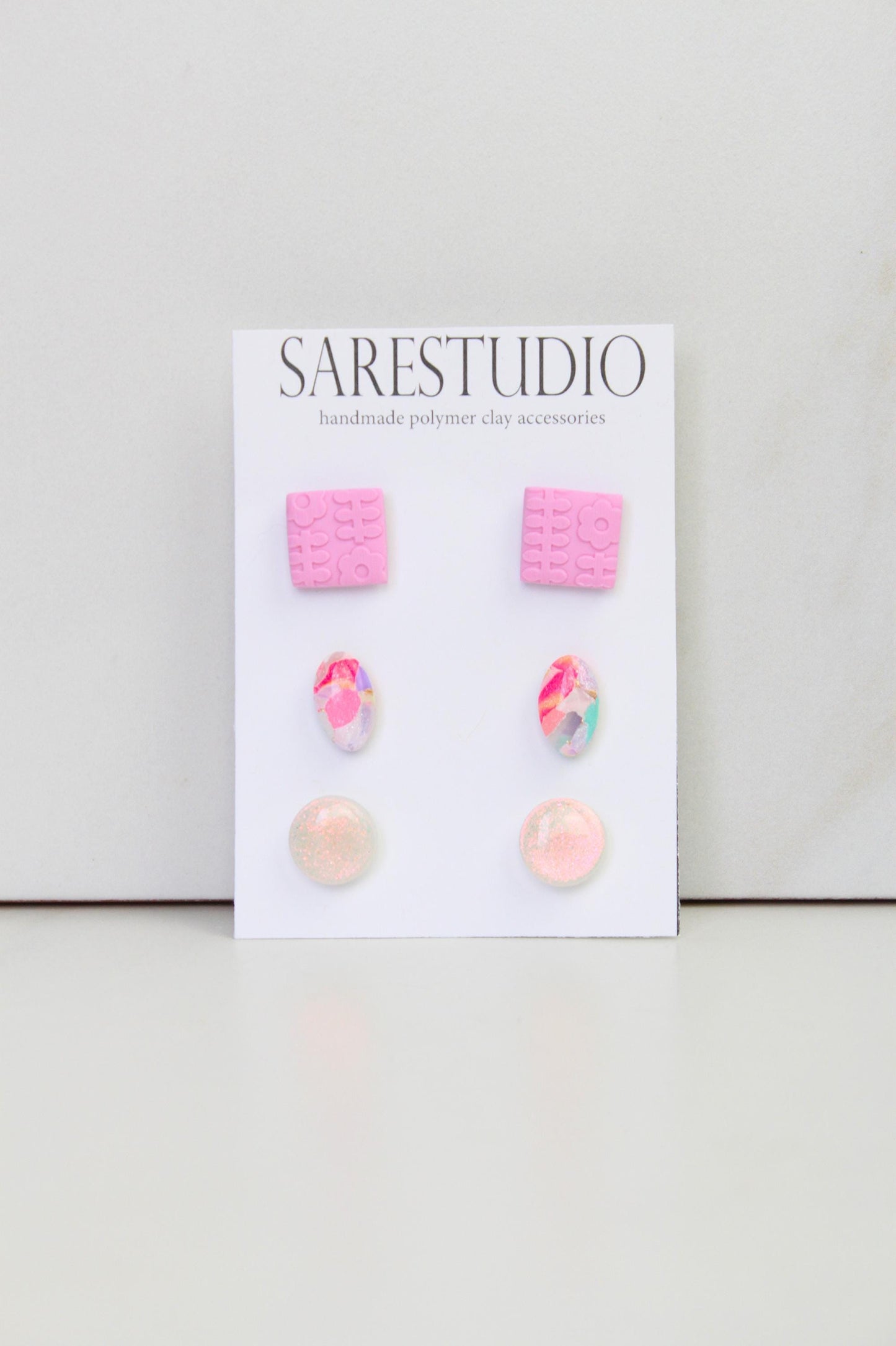 Stud Polymer Clay Earring Set of 3 - Clay Stud Pack - Gift for her - Christmas Gift - Neutral Earring Set - Marble Stud Earrings