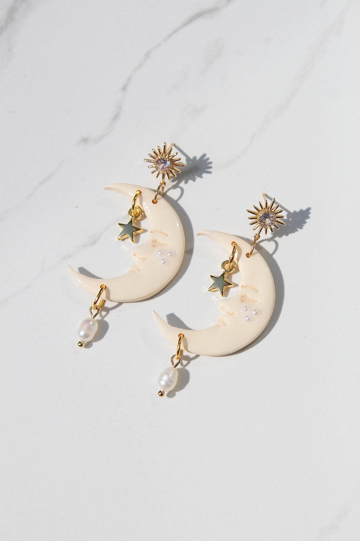 Celestial Moon Earrings – Handmade Clay Earrings with Gold Star & Pearl Dangle, Sunburst Stud Earrings, Dreamy Gift for Her, Moon Earrings