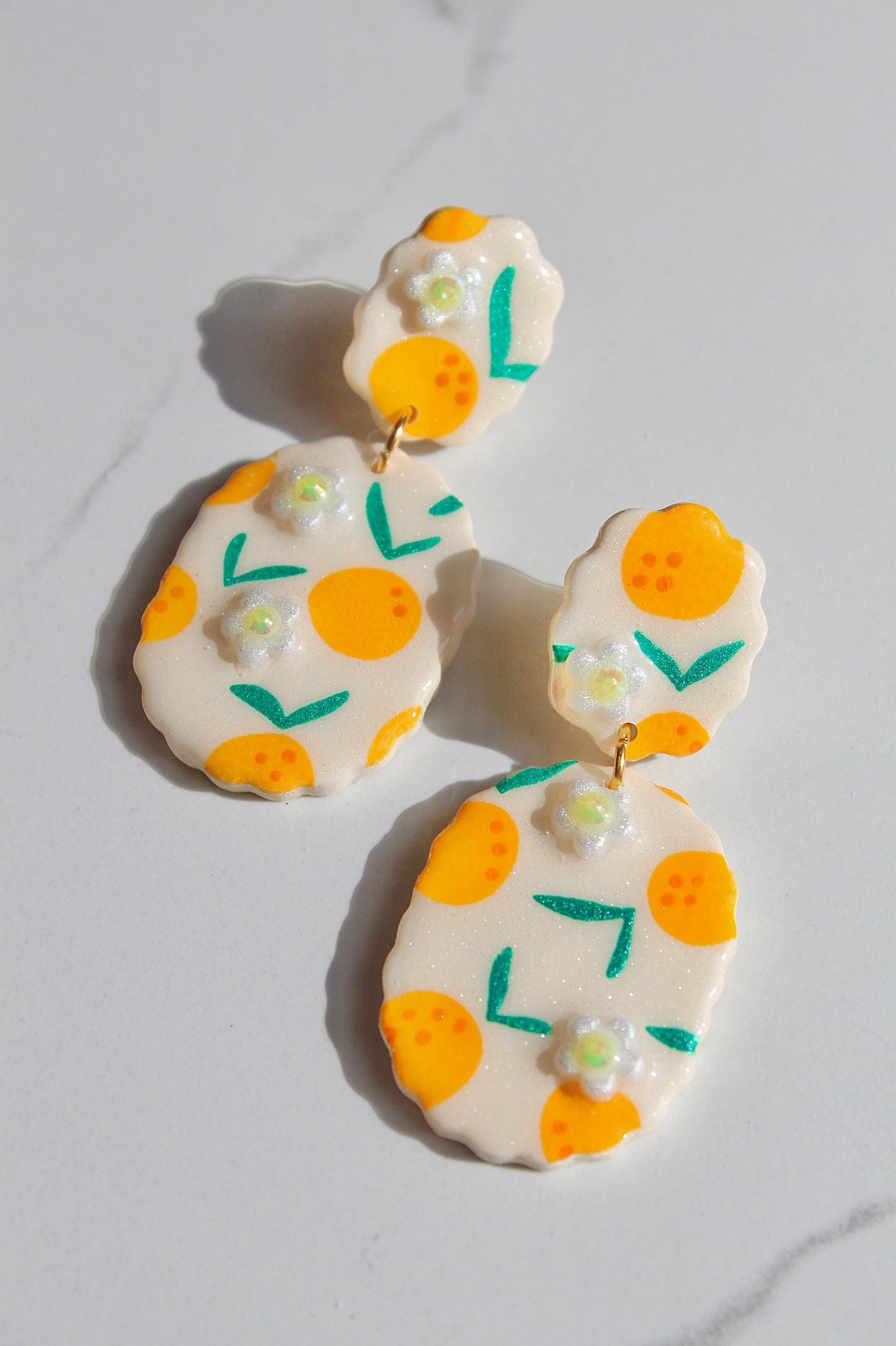 Citrus Earrings β Orange Blossom Clay Earrings with Hand-Painted Oranges & Clay Flowers, Summer Fruit Jewelry, Handmade Gift for Her