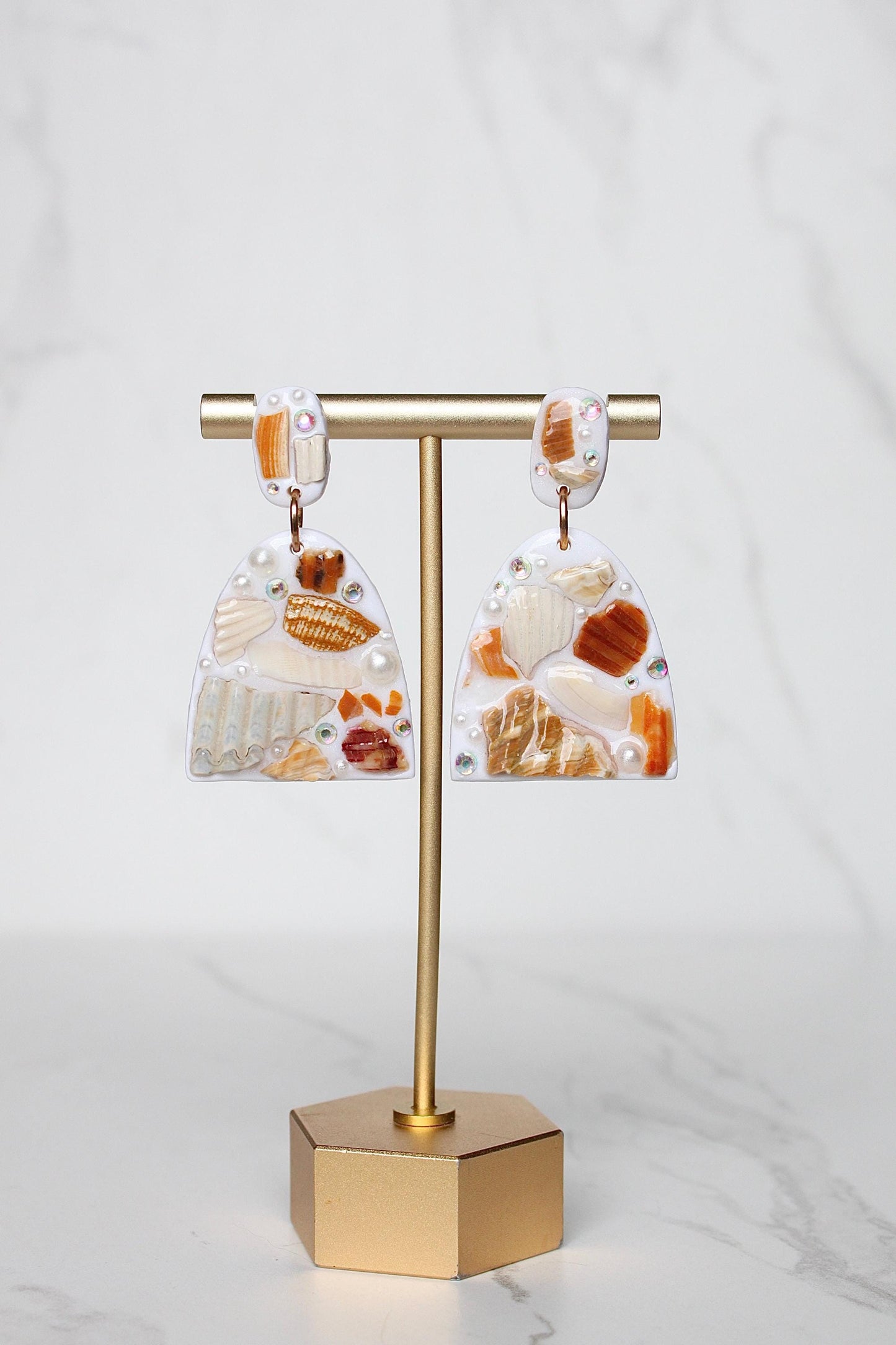 Beach Shell Clay Earrings β Handmade Coastal Statement Jewelry with Real Shells & Resin Finish