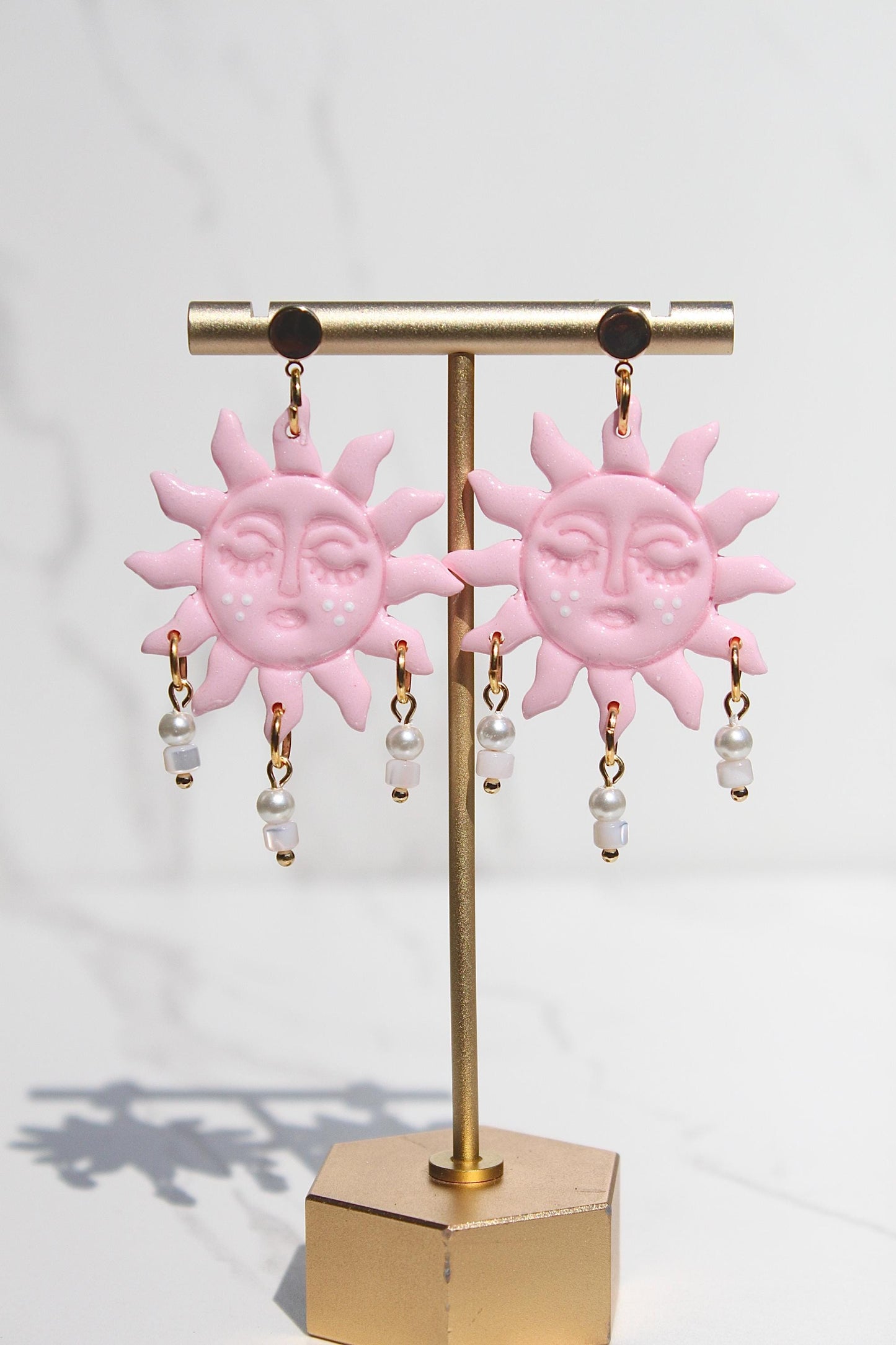 Pink Sun Earrings – Beaded Polymer Clay Earrings in Pastel & Bright Colors, Handmade Celestial Jewelry, Statement Earrings Gift
