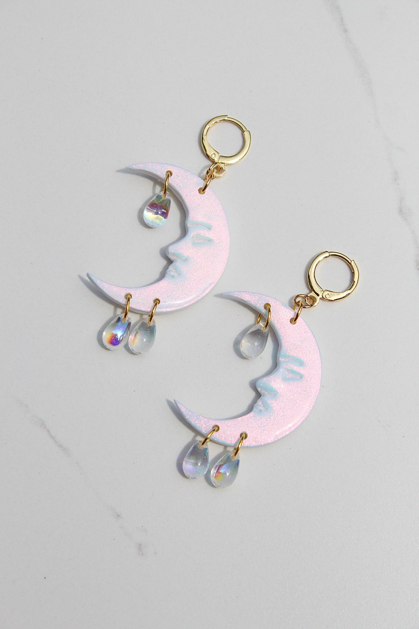 Celestial Iridescent Moon Earrings – Handmade Clay Earrings with Iridescent Teardrops, Dreamy Gift for Her, Moon Earrings