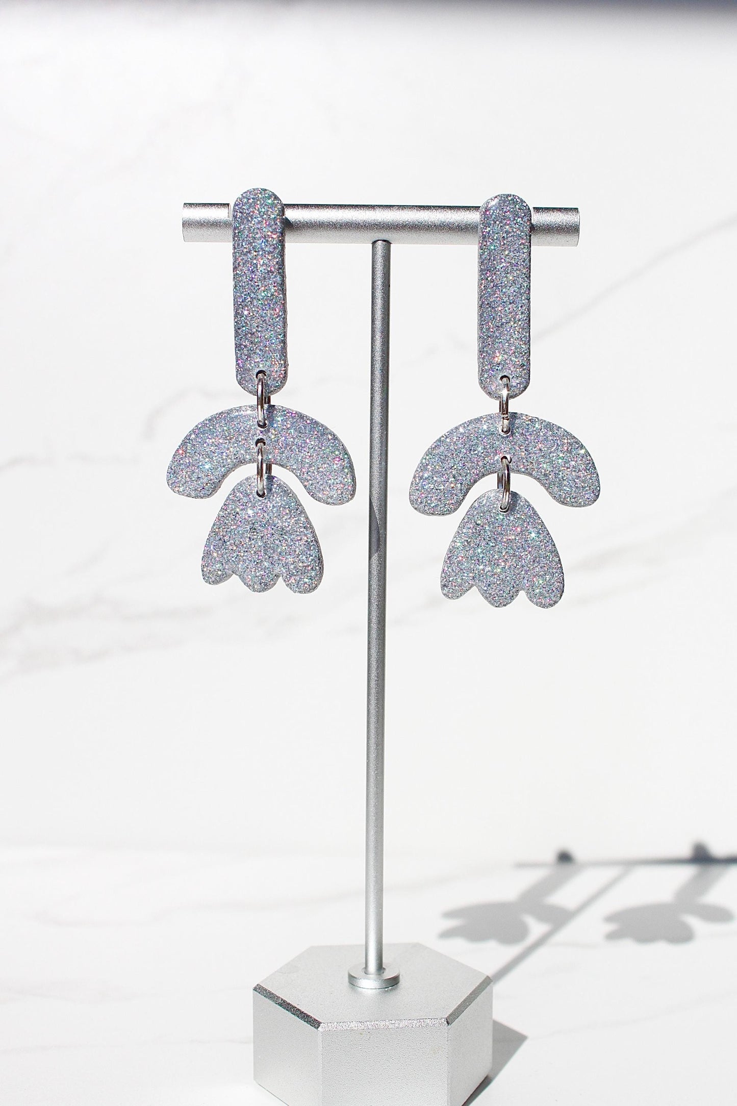 Holographic Silver Glitter Clay Earrings – Handmade Statement Dangle Earrings, Lightweight Polymer Clay Jewelry, Sparkle Party Accessory