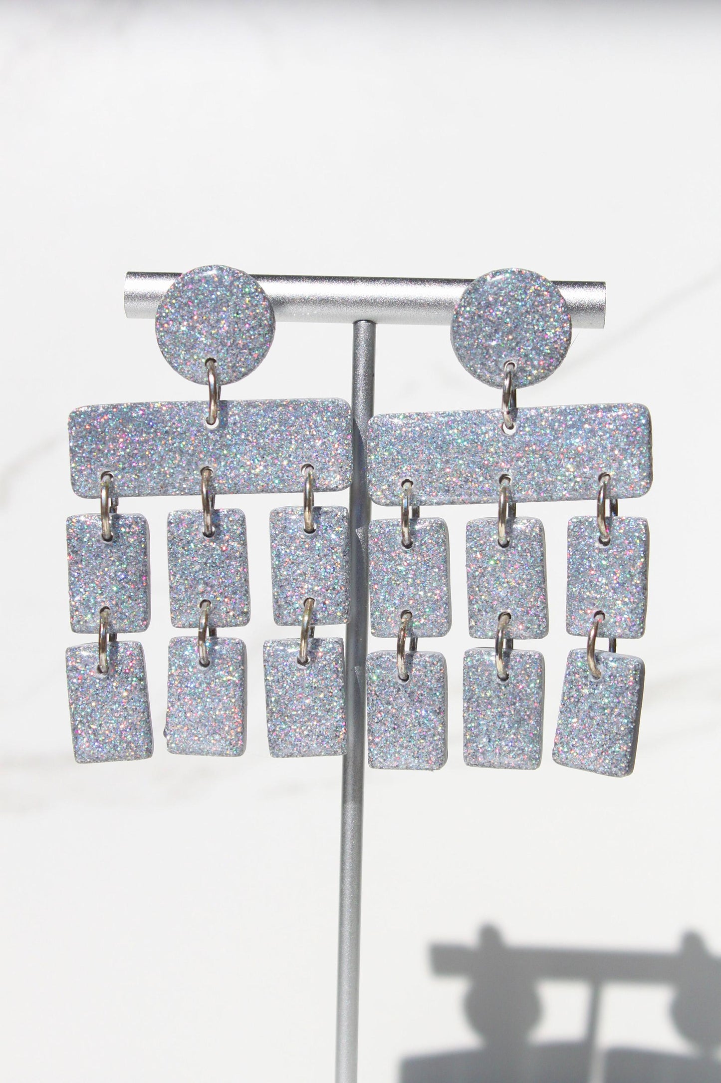 Holographic Silver Glitter Clay Earrings – Handmade Statement Dangle Earrings, Lightweight Polymer Clay Jewelry, Sparkle Party Accessory