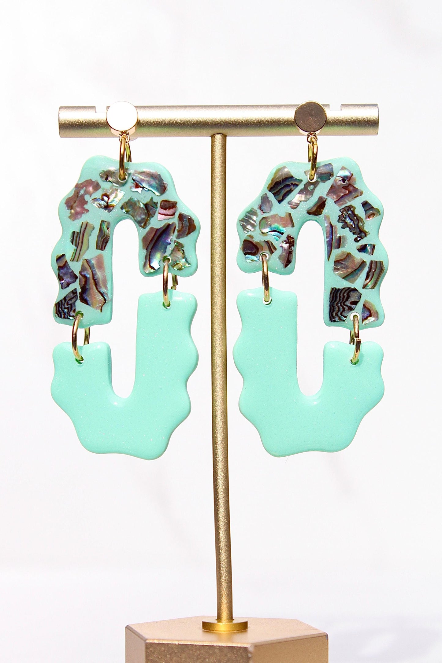 Mint Green Abalone Shell Earrings – Handmade Statement Polymer Clay Earrings, Lightweight Geometric Dangles, Iridescent Shell Jewelry, Boho