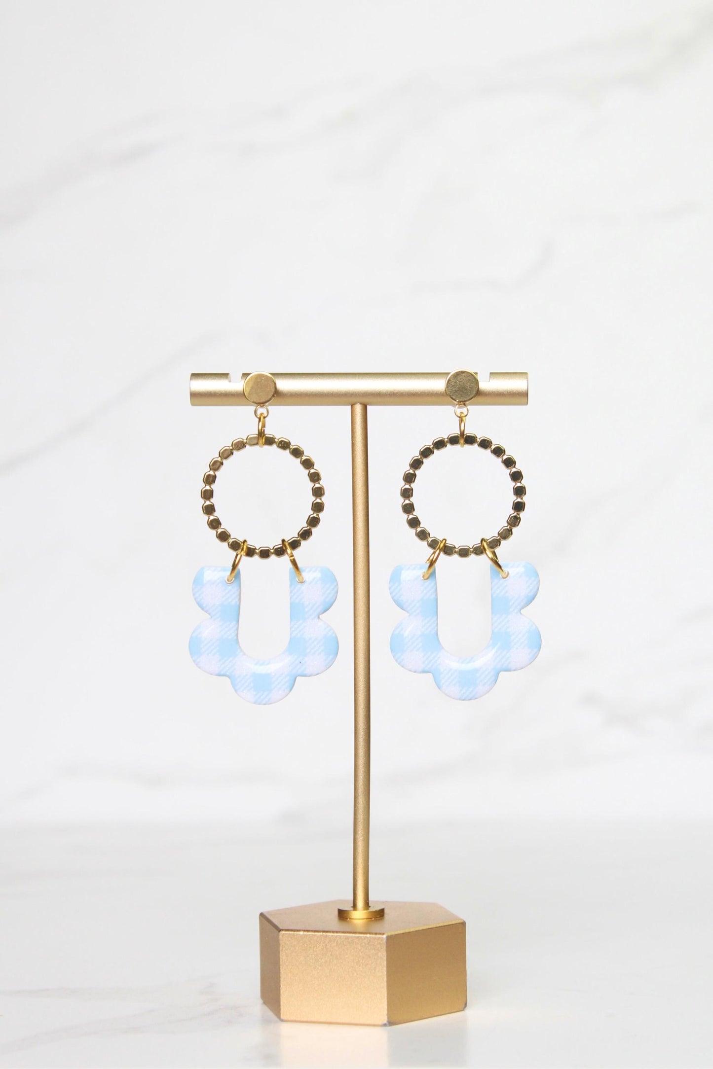 Gingham Clay Earrings in Pastel Blue | Handmade Statement Earrings | Lightweight Polymer Clay Jewelry | Summer Picnic Style