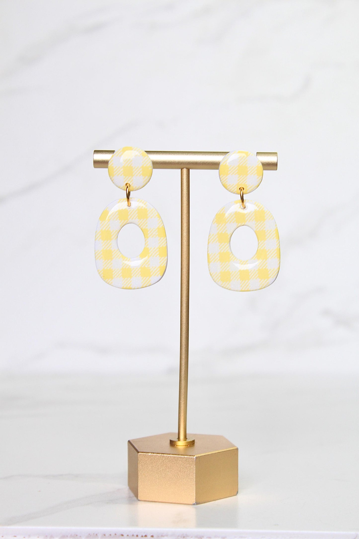 Gingham Clay Earrings in Pastel Yellow | Handmade Statement Earrings | Lightweight Polymer Clay Jewelry | Summer Picnic Style