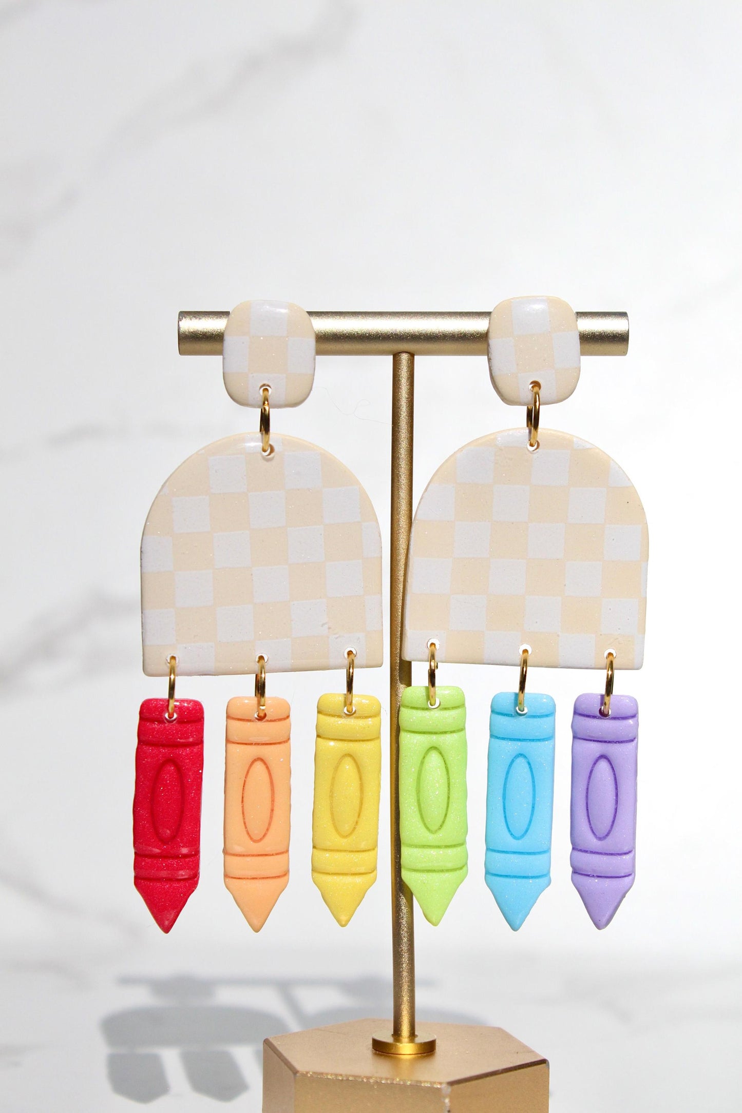 Beige Checker Clay Earrings with Crayon Dangles - Teacher Back to School