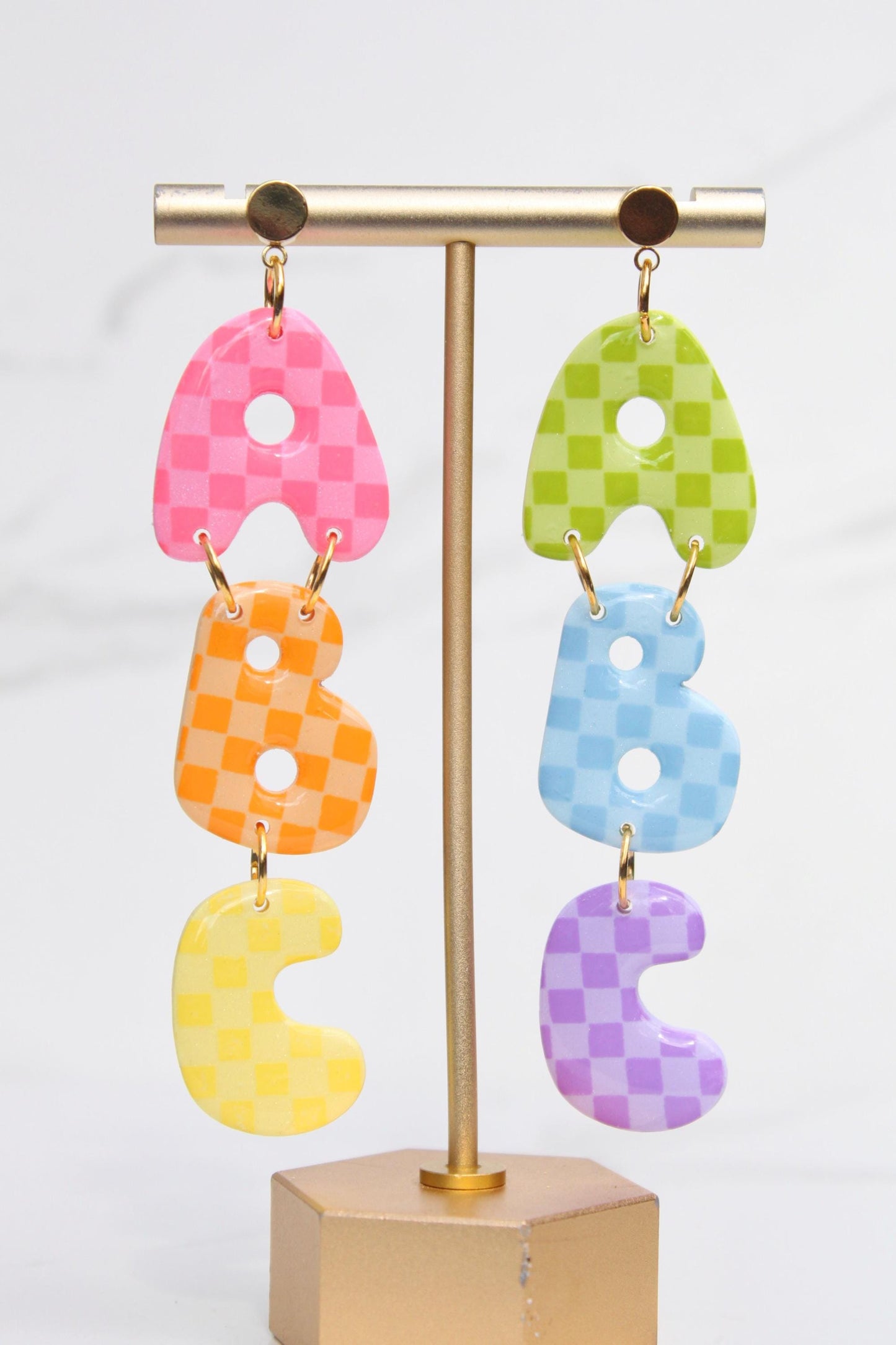 ABC Rainbow Checkered Clay Earrings – Back to School Teacher Statement Jewelry | Colorful Polymer Clay Alphabet Earrings