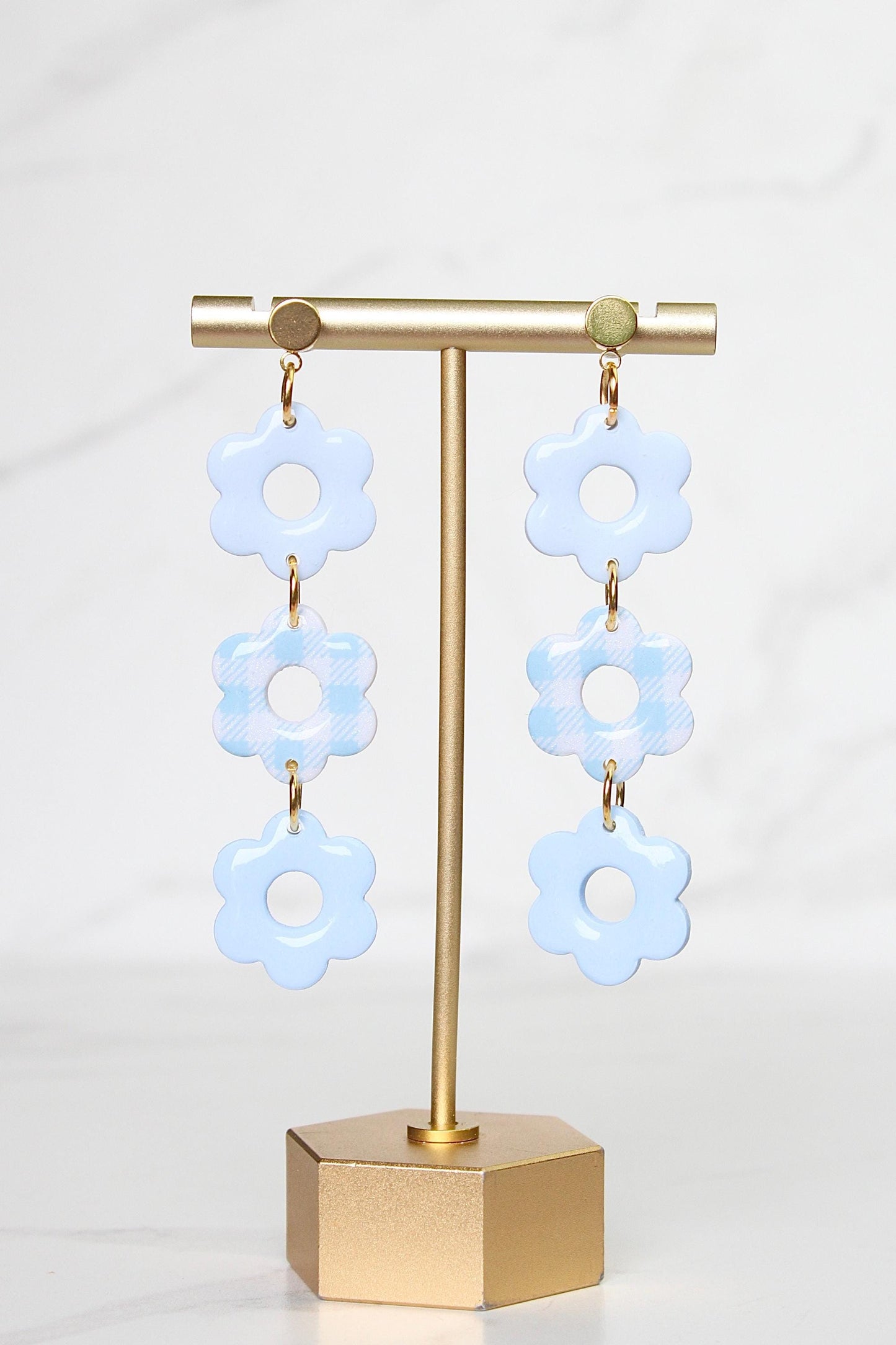 Gingham Clay Earrings in Pastel Blue | Handmade Statement Earrings | Lightweight Polymer Clay Jewelry | Summer Picnic Style