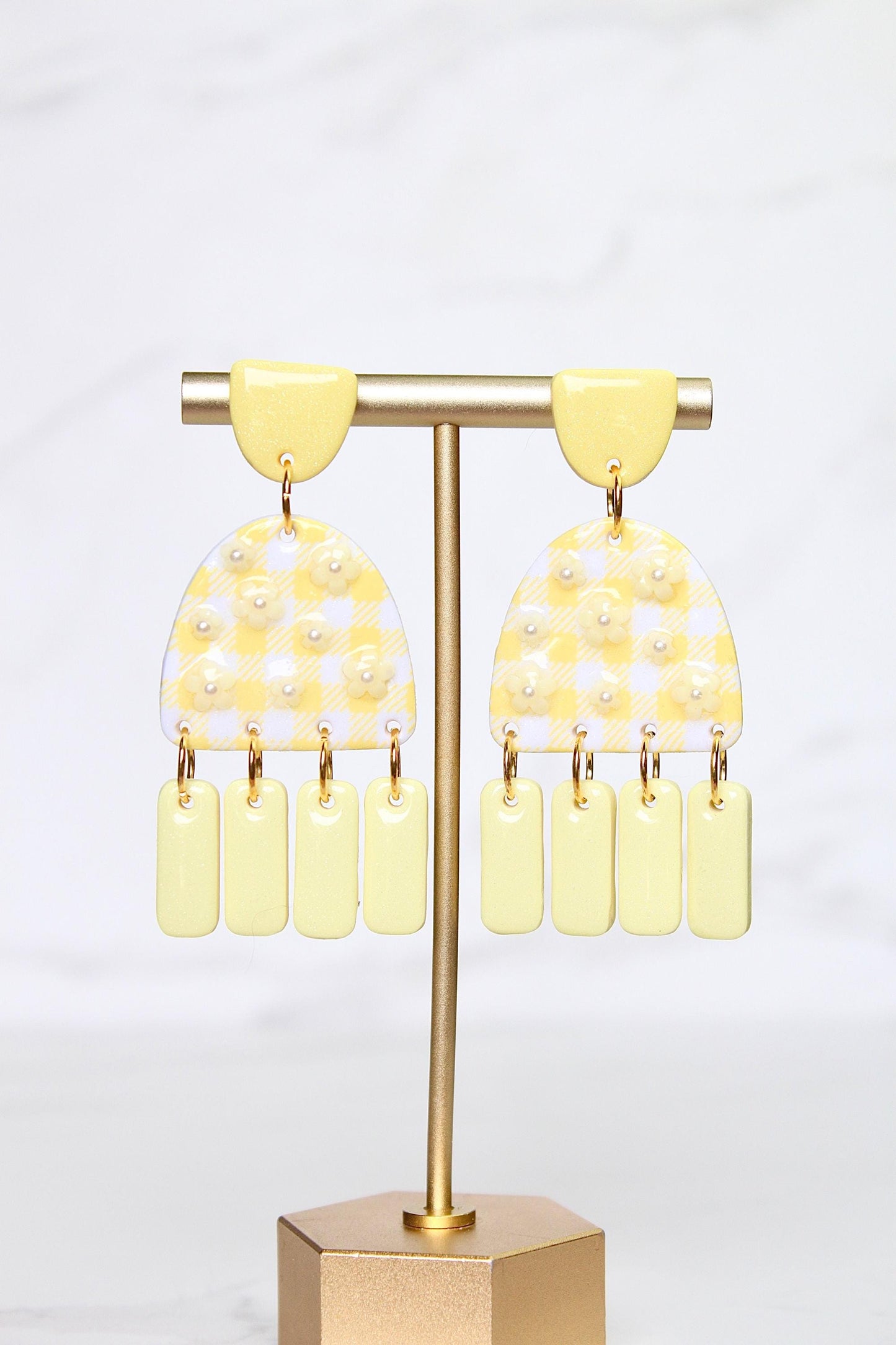 Gingham Clay Earrings in Pastel Yellow | Handmade Statement Earrings | Lightweight Polymer Clay Jewelry | Summer Picnic Style