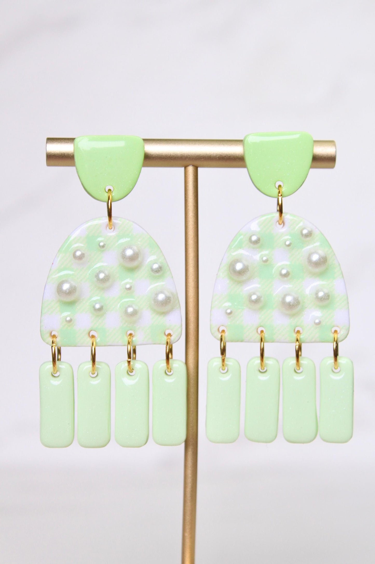 Gingham Clay Earrings in Pastel Green | Handmade Statement Earrings | Lightweight Polymer Clay Jewelry | Summer Picnic Style