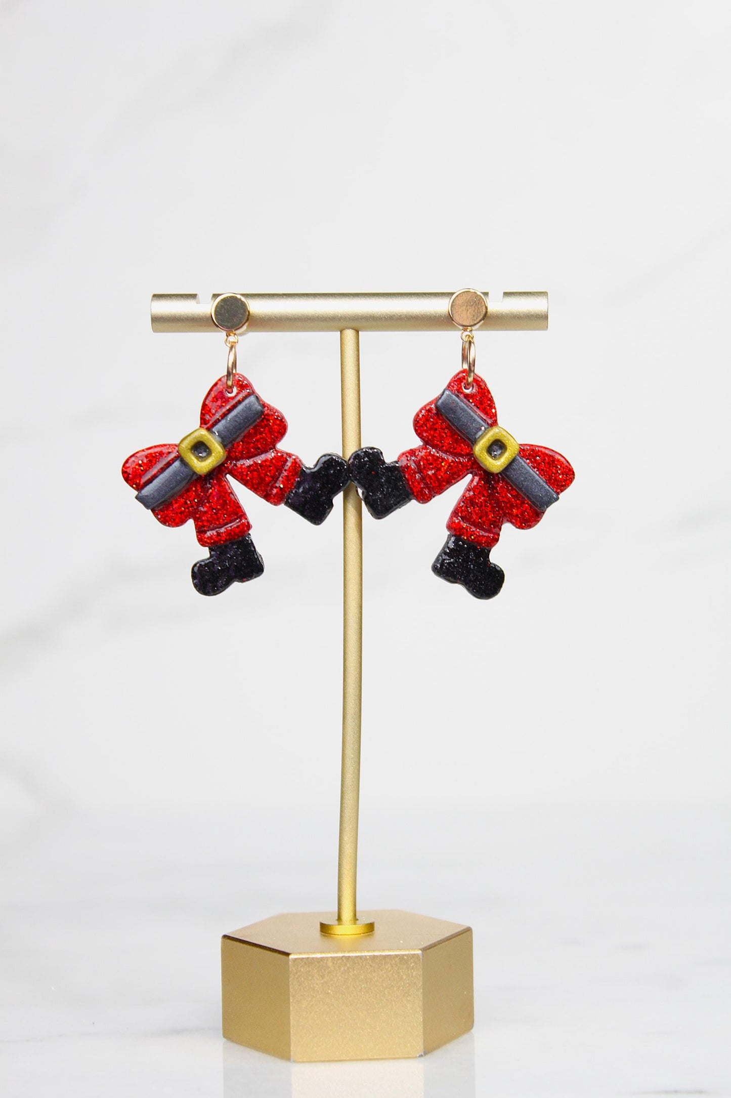 Polymer Clay Santa Bow Earrings - Red Glitter Christmas Bow Dangle Earrings
