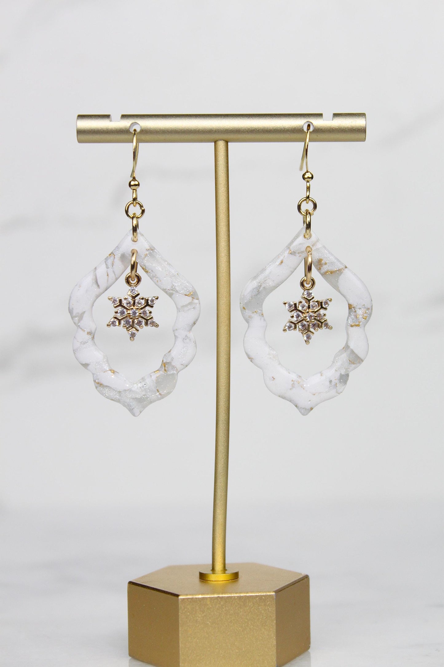 Polymer Clay Snowflake Earrings - Winter Rhinestone Dangle Earrings