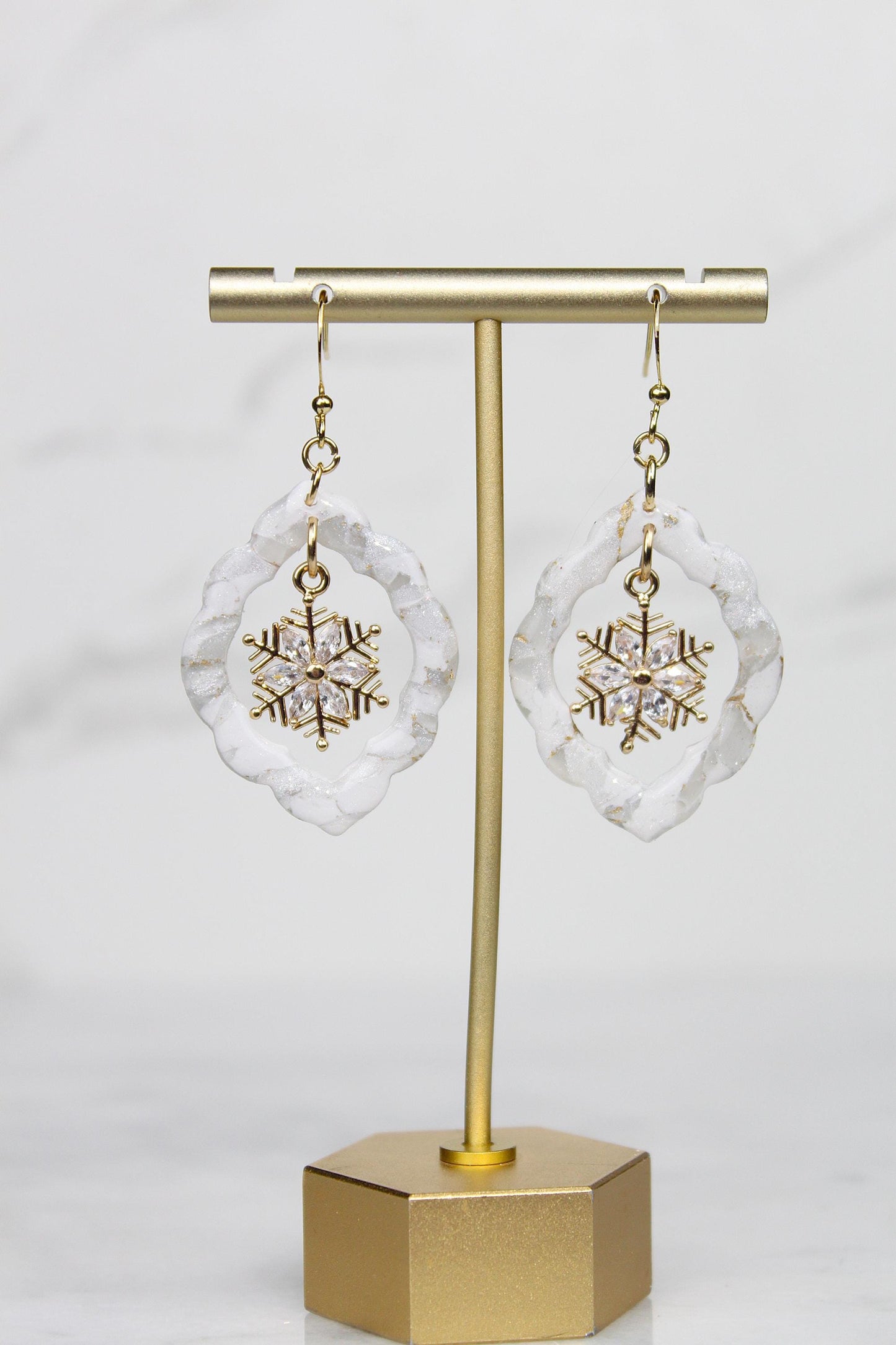 Polymer Clay Snowflake Earrings - Winter Rhinestone Dangle Earrings