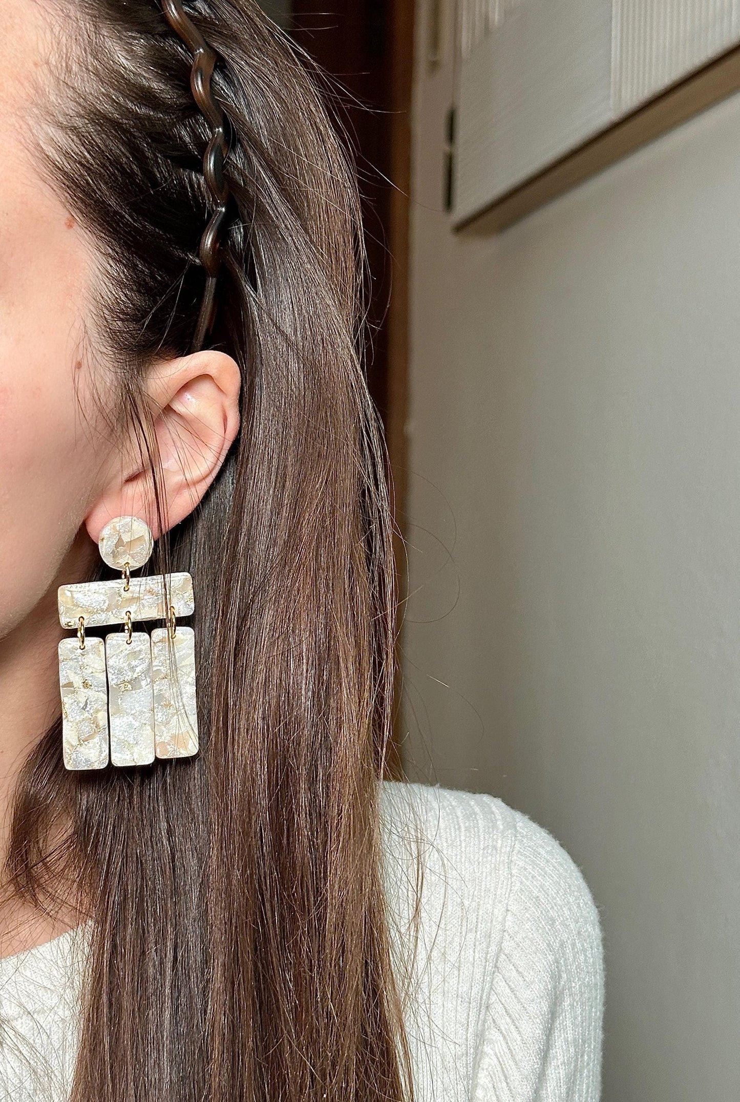 Champagne Pearl Marble Drop Earrings | Handmade Polymer Clay Statement Earrings