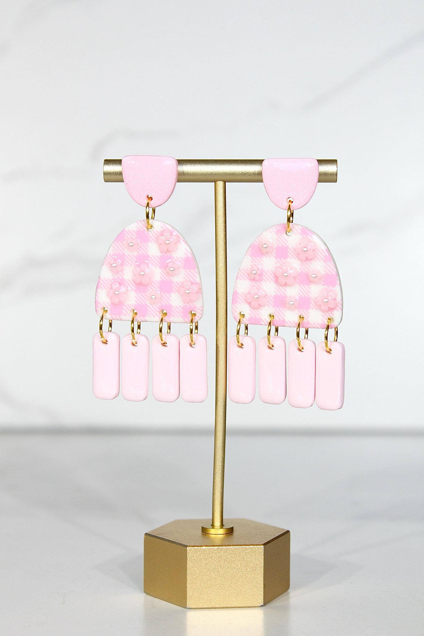 Gingham Clay Earrings in Pastel Pink | Handmade Statement Earrings | Lightweight Polymer Clay Jewelry | Summer Picnic Style