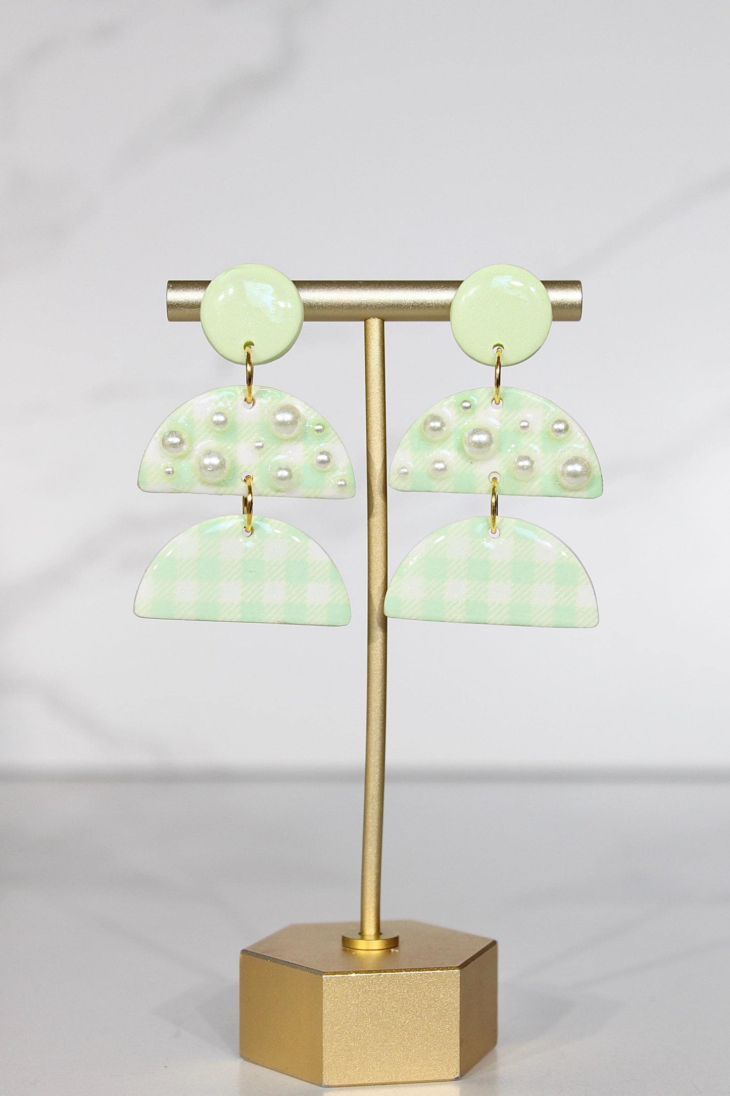 Gingham Clay Earrings in Pastel Green | Handmade Statement Earrings | Lightweight Polymer Clay Jewelry | Summer Picnic Style