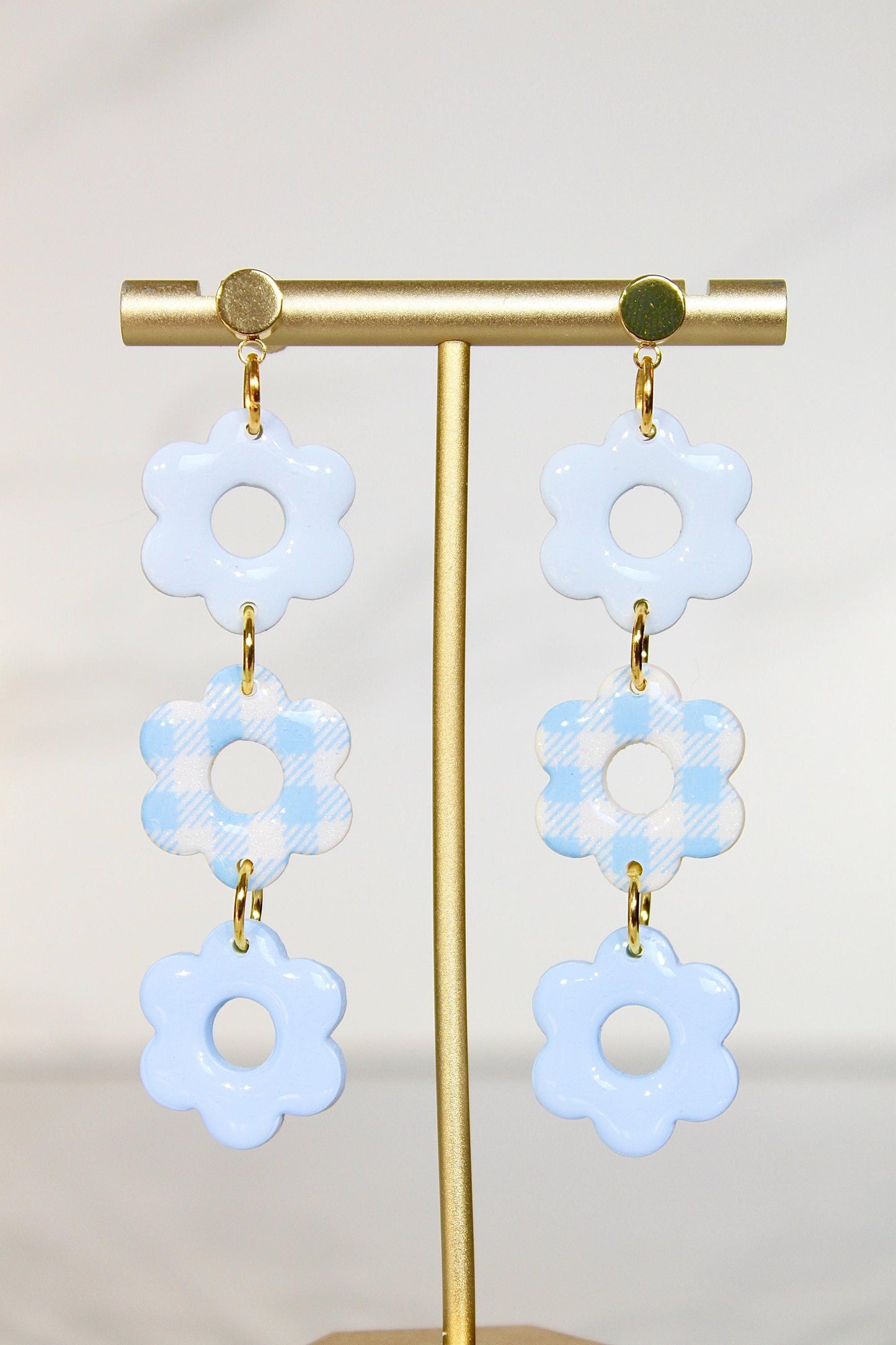 Gingham Clay Earrings in Pastel Blue | Handmade Statement Earrings | Lightweight Polymer Clay Jewelry | Summer Picnic Style