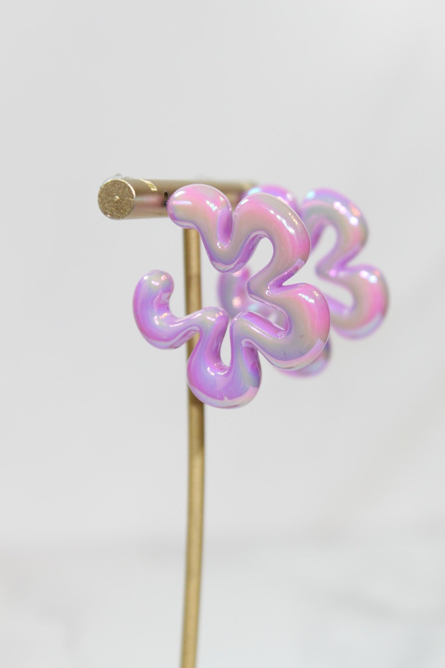 Iridescent Purple Wavy Flower Hoop Earrings | High-Gloss Shimmer Flower Hoops | Pastel Statement Jewelry | Modern Coastal Dangles