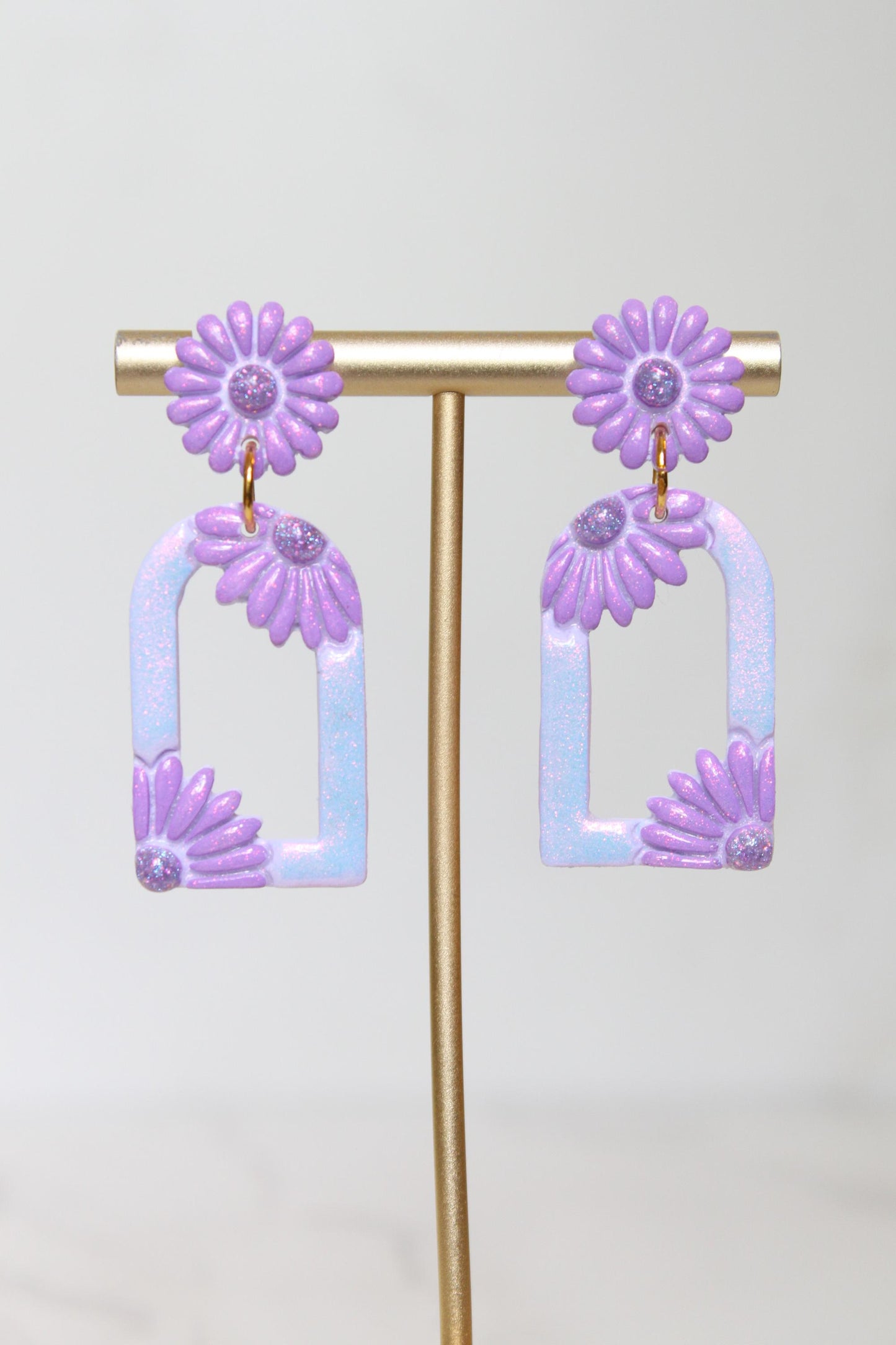 Pastel Purple Floral Arch Statement Earrings | Iridescent Daisy Polymer Clay Dangles | Elegant Shimmer Summer Jewelry