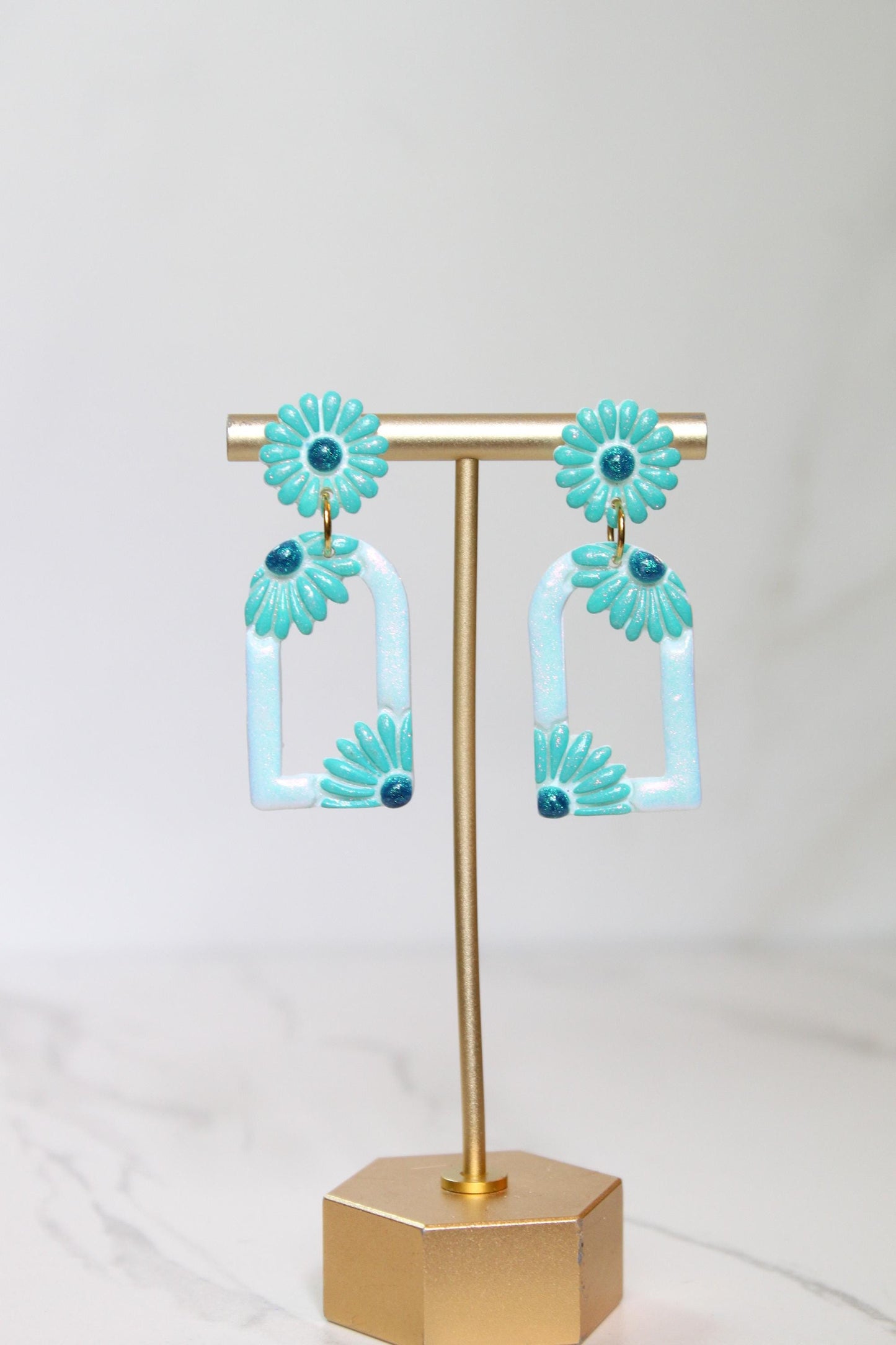 Pastel Teal Floral Arch Statement Earrings | Iridescent Daisy Polymer Clay Dangles | Elegant Shimmer Summer Jewelry