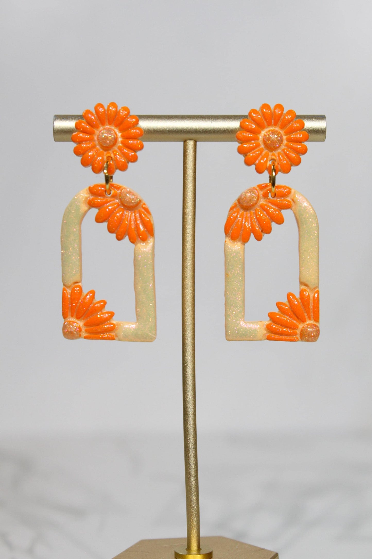 Pastel Orange Floral Arch Statement Earrings | Iridescent Daisy Polymer Clay Dangles | Elegant Shimmer Summer Jewelry