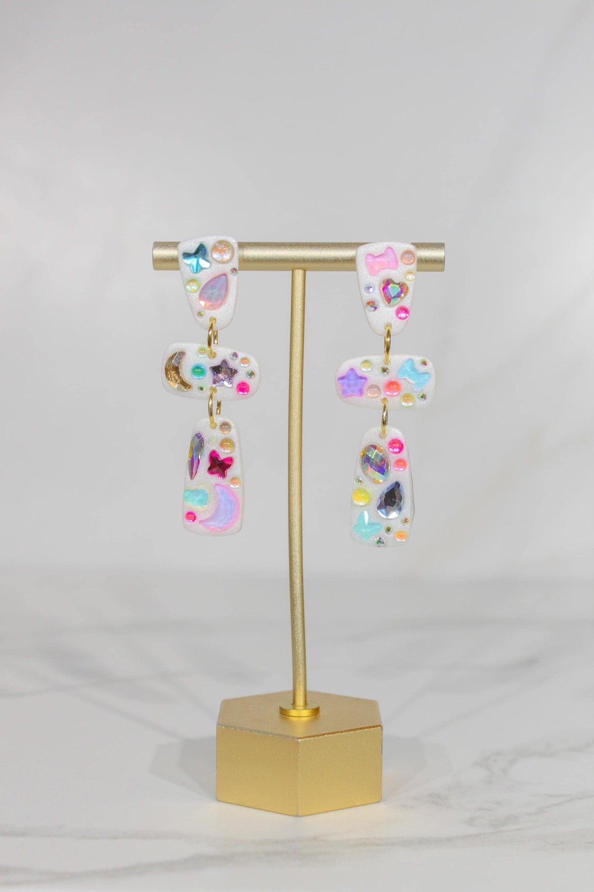 Iridescent Rhinestone Charm Earrings, Colorful Whimsical Dangle Earrings
