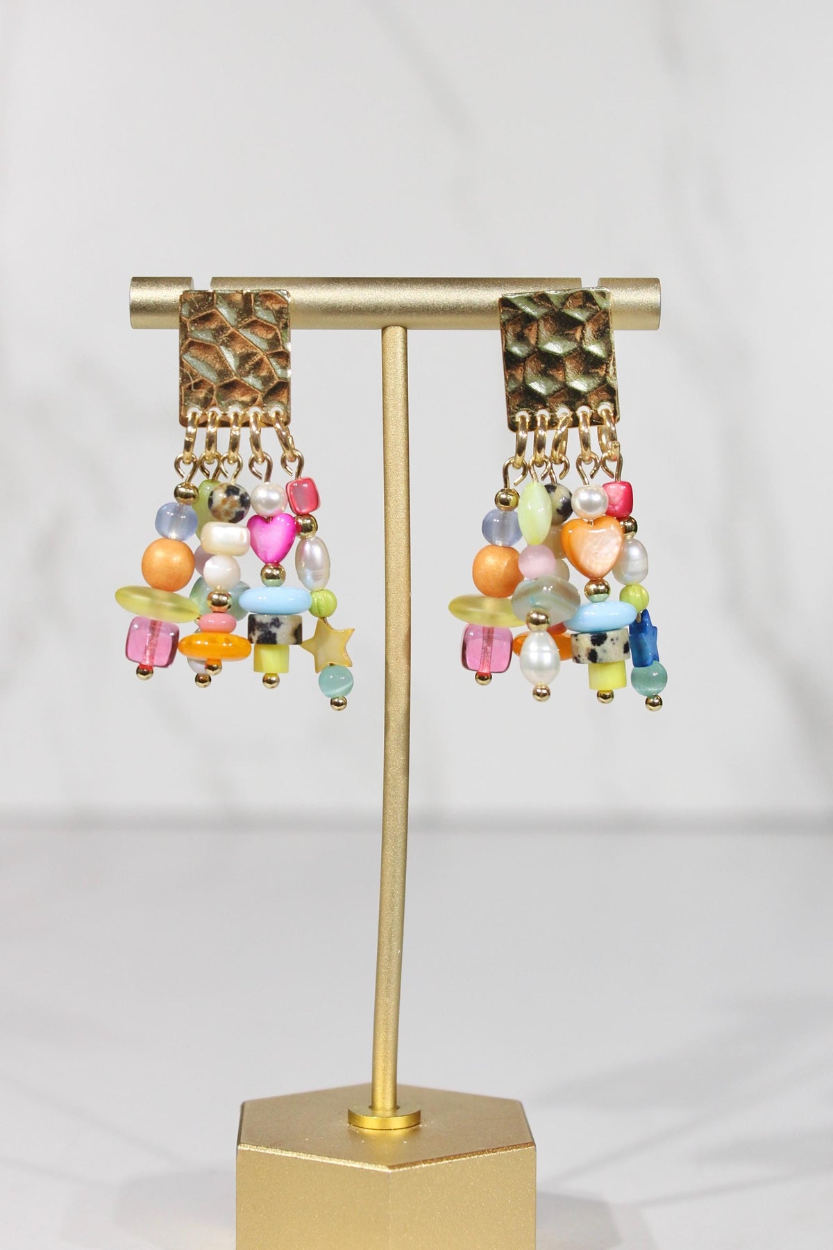 Colorful Beaded Statement Earrings, Pearl & Gemstone Inspired Dangle Earrings, Eclectic Mixed Bead Jewelry, Gold Earrings