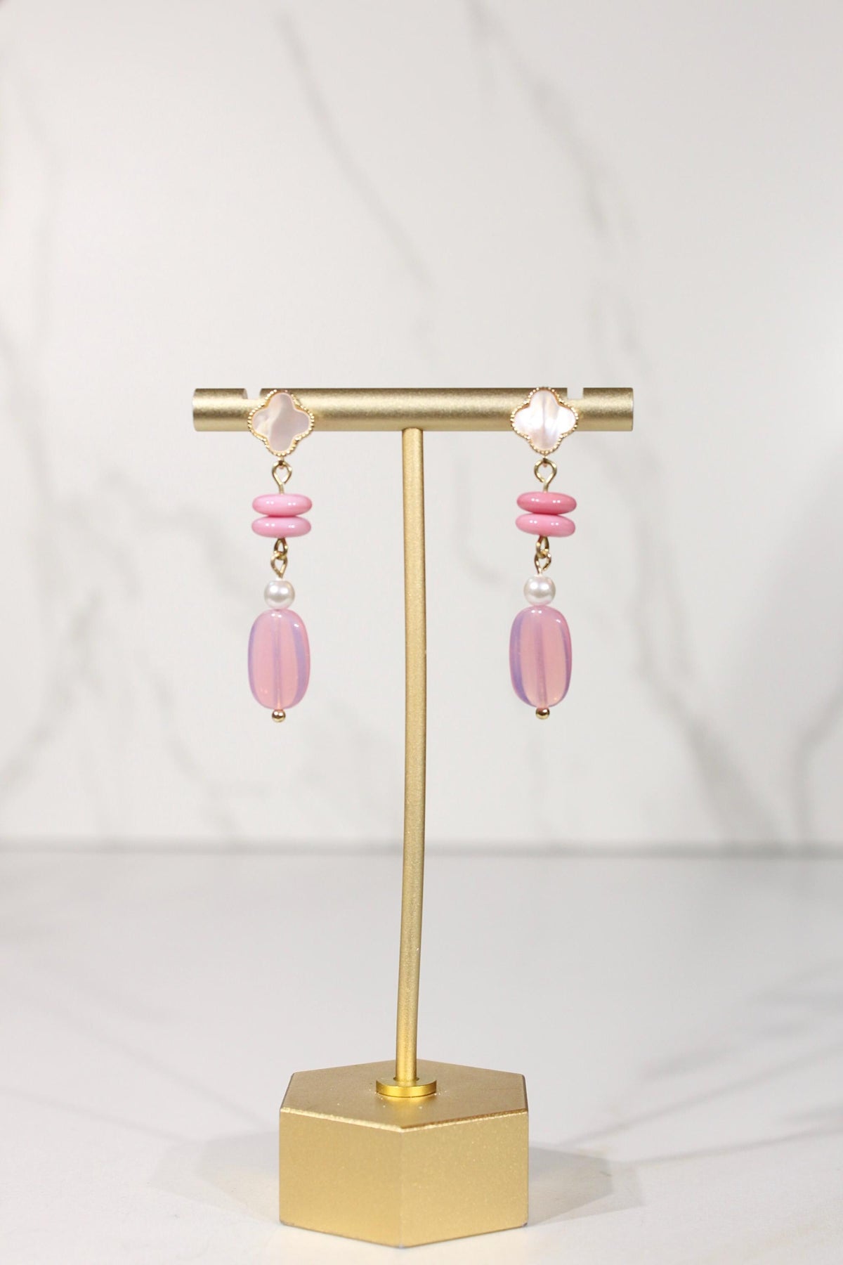 Pink Beaded Earrings, Pearl Dangle Earrings, Pink Statement Earrings, Gold Drop Earrings, Mother of Pearl Inspired Jewelry