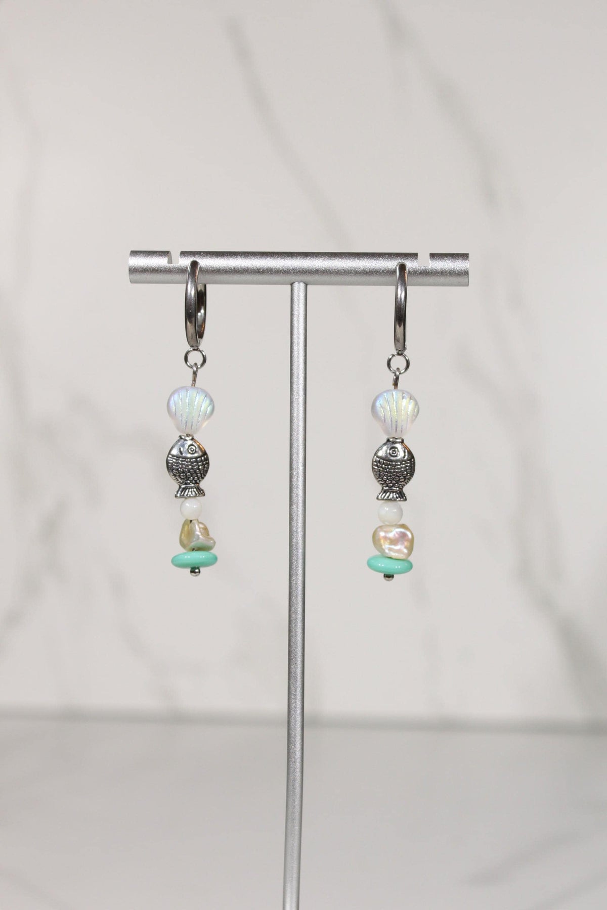 Silver Fish Earrings, Coastal Beaded Earrings, Seashell Dangle Earrings, Silver Hoop Earrings, Ocean Inspired Jewelry