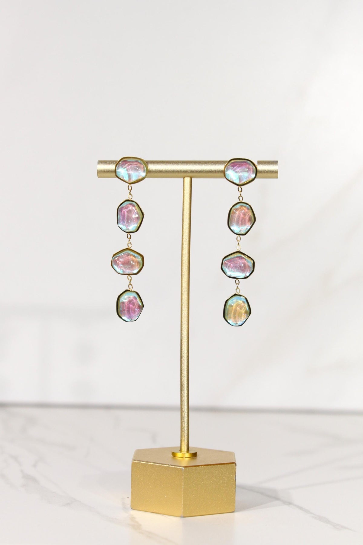 Iridescent Crystal Drop Earrings, Aurora Statement Dangles, Gold Tone Colorful Jewelry