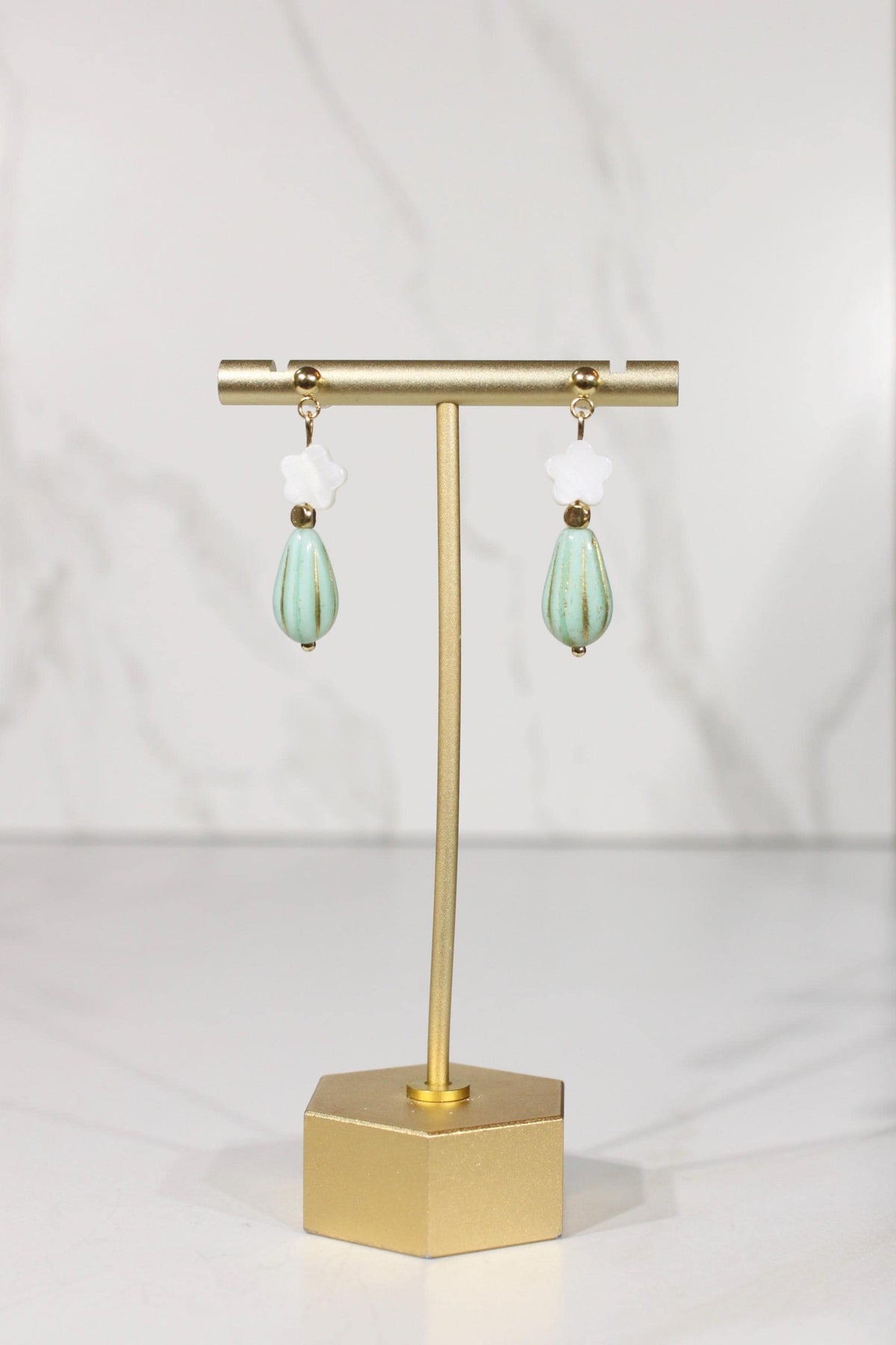 Mint Green Beaded Earrings, White Flower Dangle Earrings, Gold Drop Earrings, Dainty Colorful Earrings, Vintage Inspired Jewelry