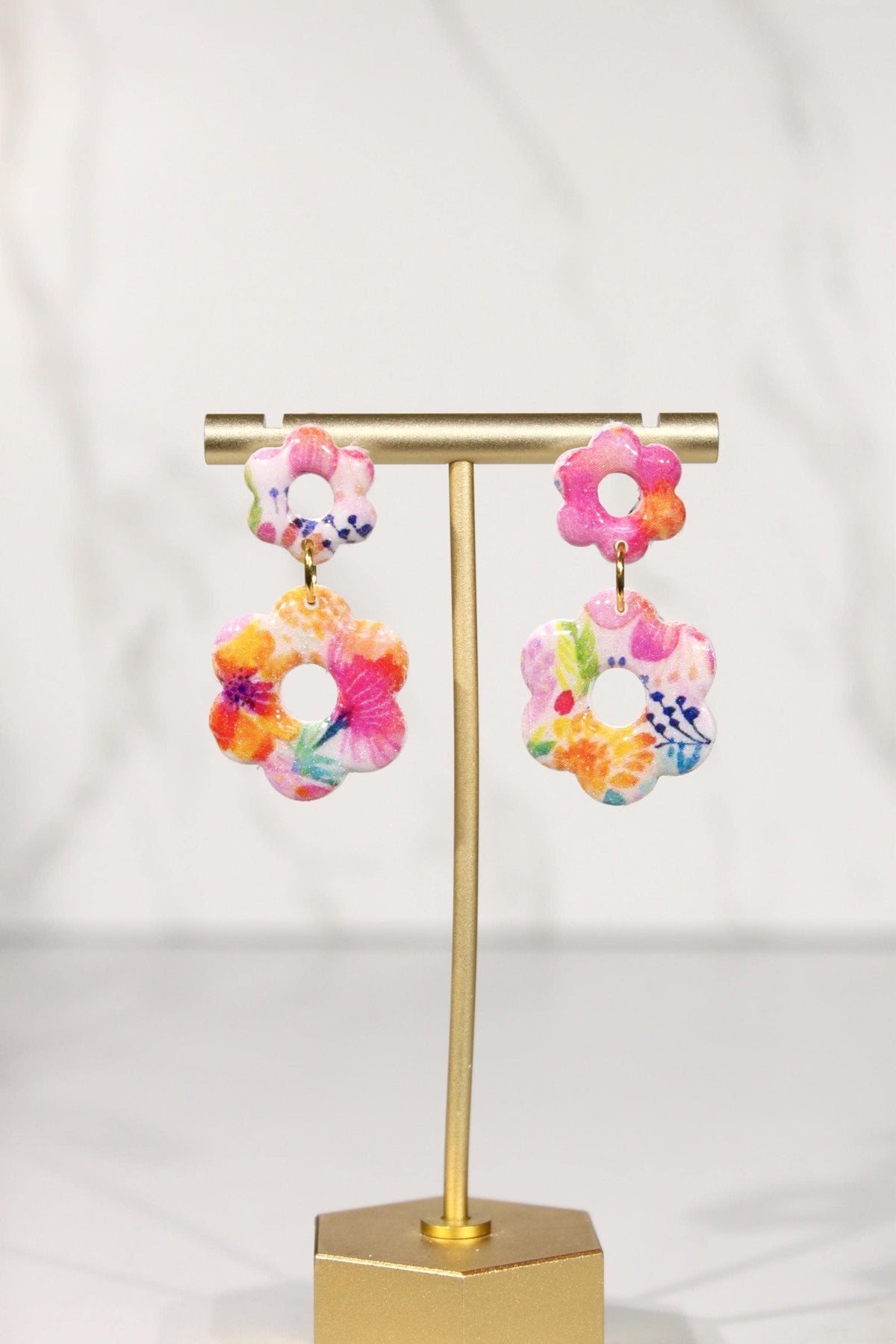 Colorful Floral Statement Earrings, Polymer Clay Earrings, Bright Flower Dangle Earrings, Pink Orange Blue Earrings, Handmade Jewelry