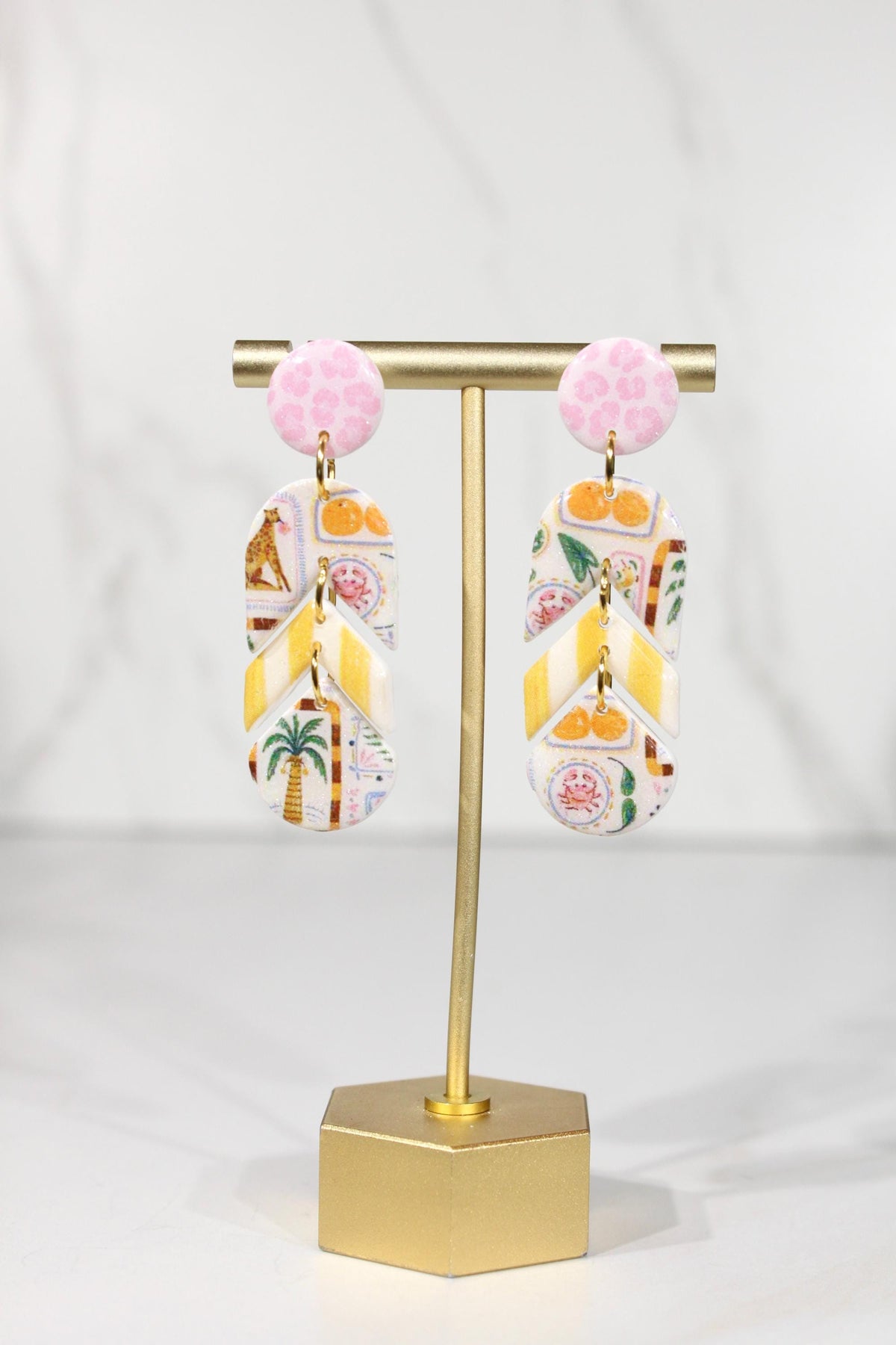 Colorful Polymer Clay Statement Earrings, Patterned Dangle Earrings, Pink Yellow Orange Earrings, Handmade Clay Jewelry