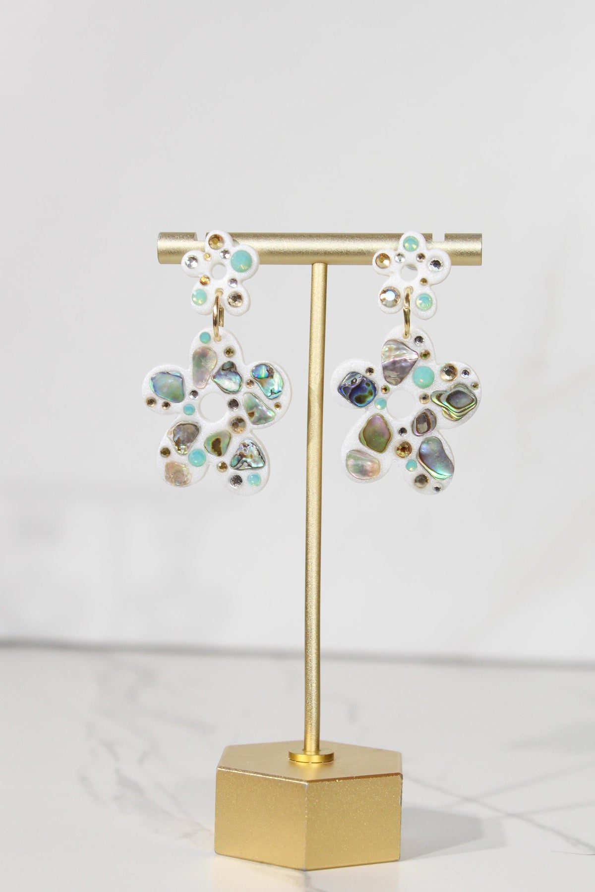 Abalone Shell Flower Earrings, Rhinestone Floral Dangles, Iridescent Statement Jewelry