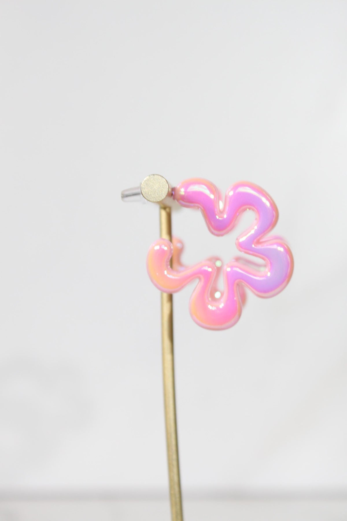 Iridescent Pink Wavy Flower Hoop Earrings | High-Gloss Shimmer Flower Hoops | Pastel Statement Jewelry | Modern Coastal Dangles