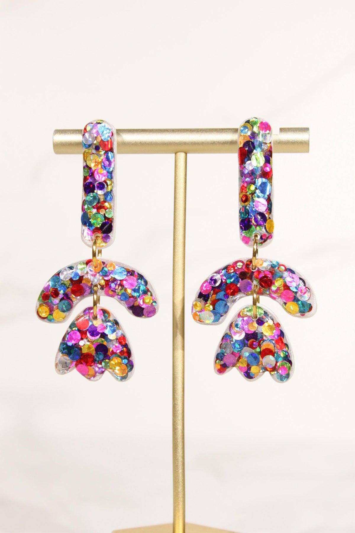 Colorful Confetti Arch Earrings | Rainbow Glitter Statement Dangles