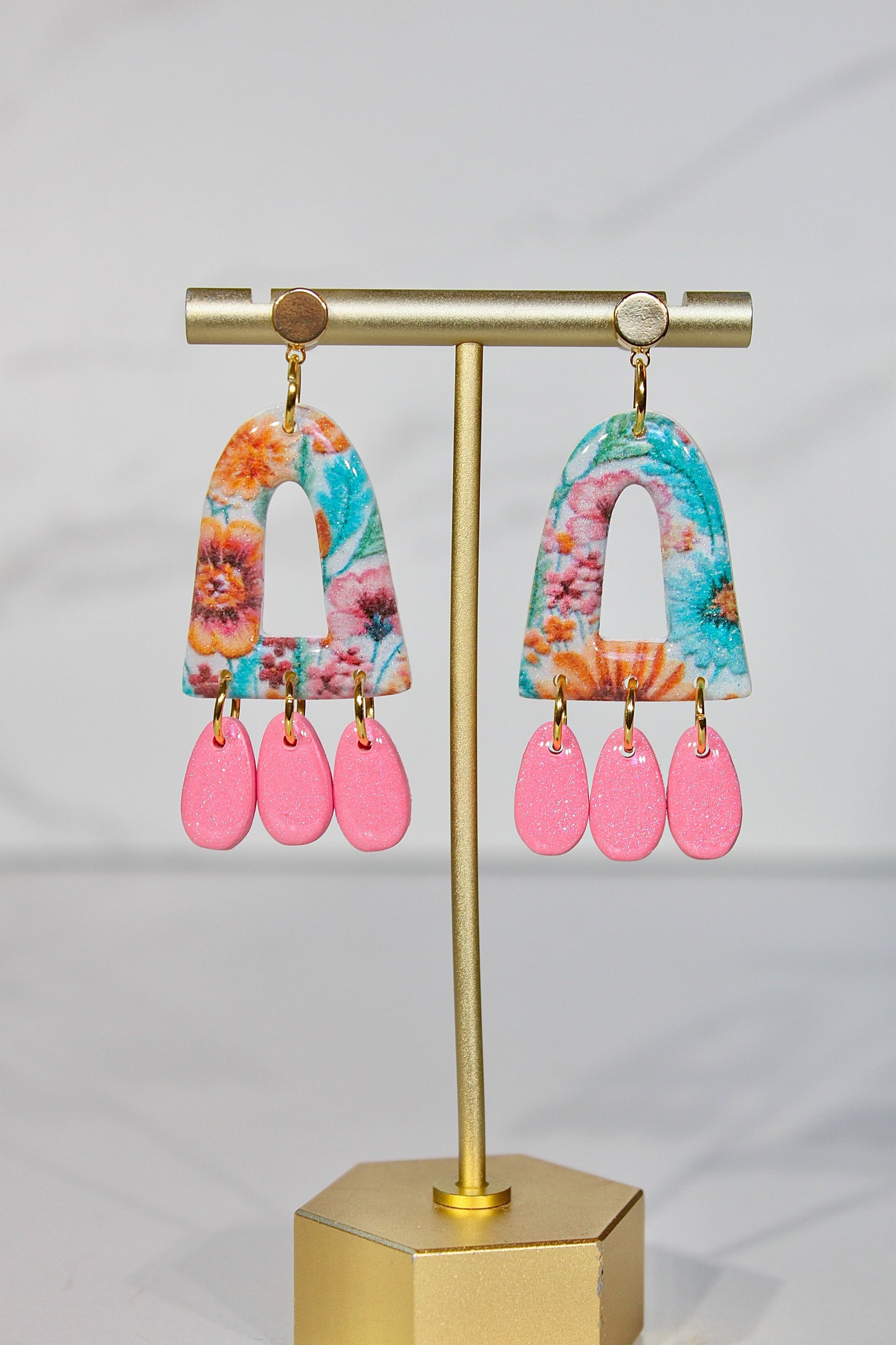 Secret Garden Triple Charm Arch Earrings | Pink Glitter & Floral Resin