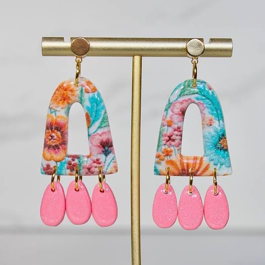 Secret Garden Triple Charm Arch Earrings | Pink Glitter & Floral Resin