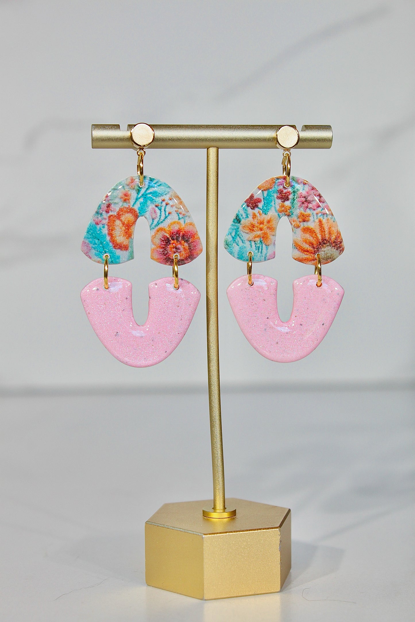 Secret Garden Mod Geometric Dangles | Pink Glitter & Floral Resin