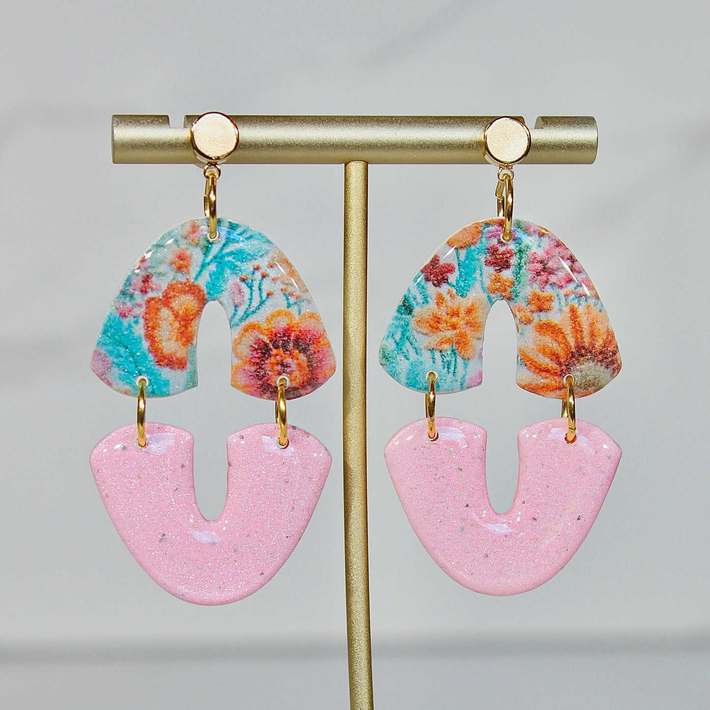 Secret Garden Mod Geometric Dangles | Pink Glitter & Floral Resin