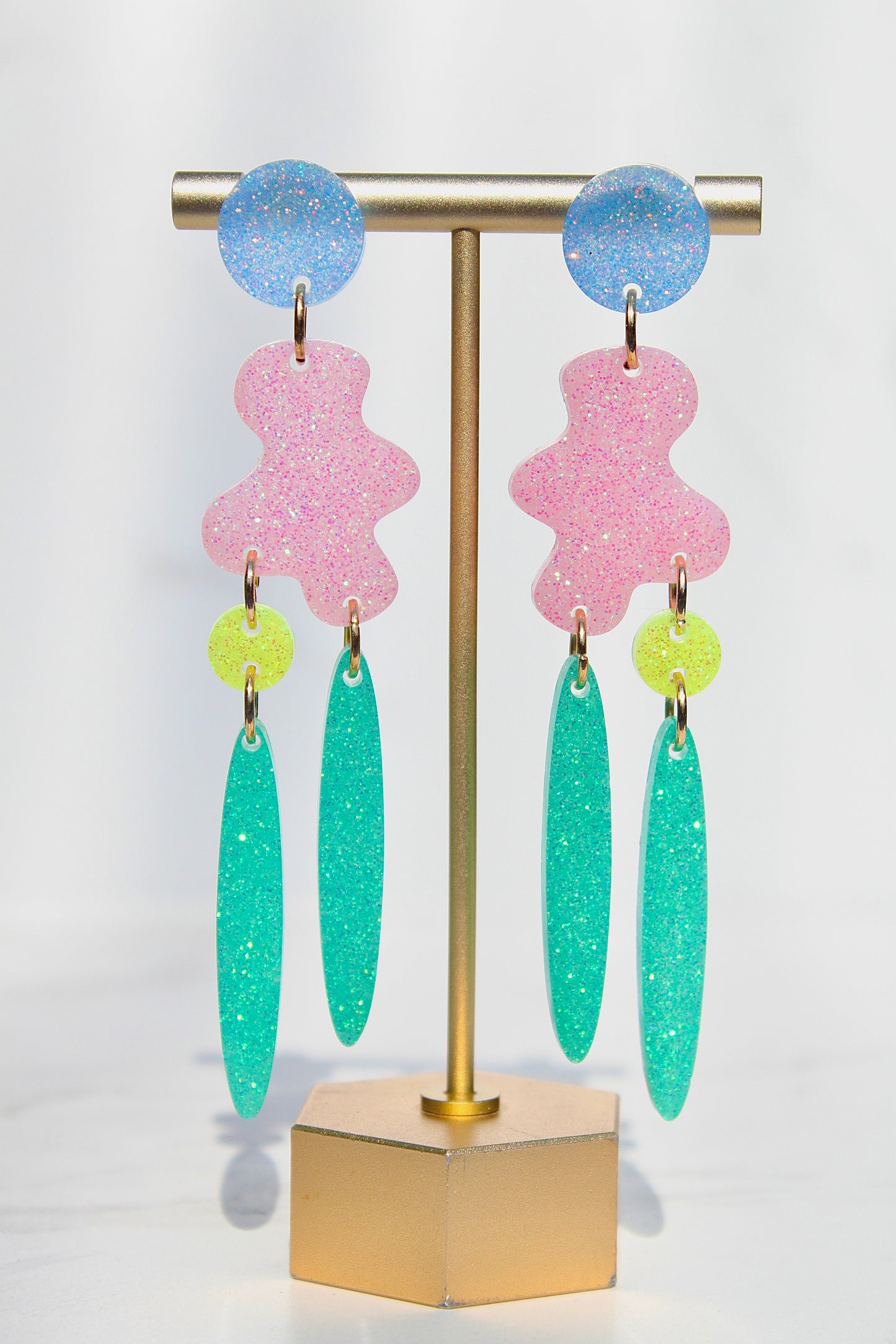 Handmade Colorful Resin Statement Earrings – Glitter Geometric Dangle, Y2K Trendy Pastel Jewelry, Artsy Festival Accessories for Women