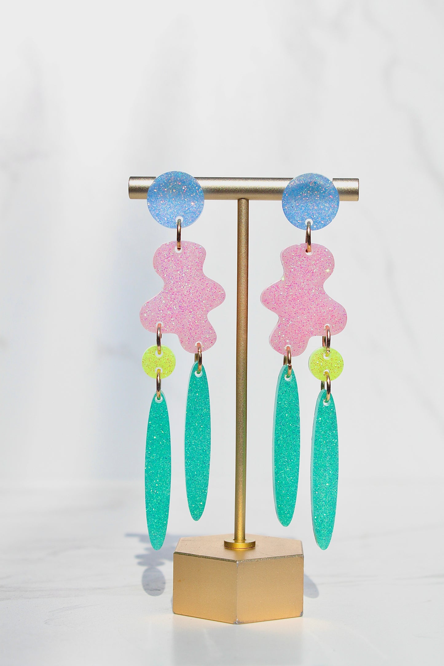 Handmade Colorful Resin Statement Earrings – Glitter Geometric Dangle, Y2K Trendy Pastel Jewelry, Artsy Festival Accessories for Women