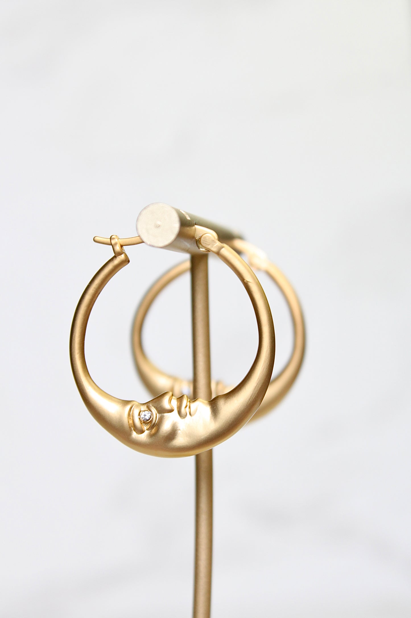 Gold Crescent Moon Hoop Earrings with Rhinestone Eyes | Dainty Lunar Jewelry Gift for Her | Celestial Hoop Earrings